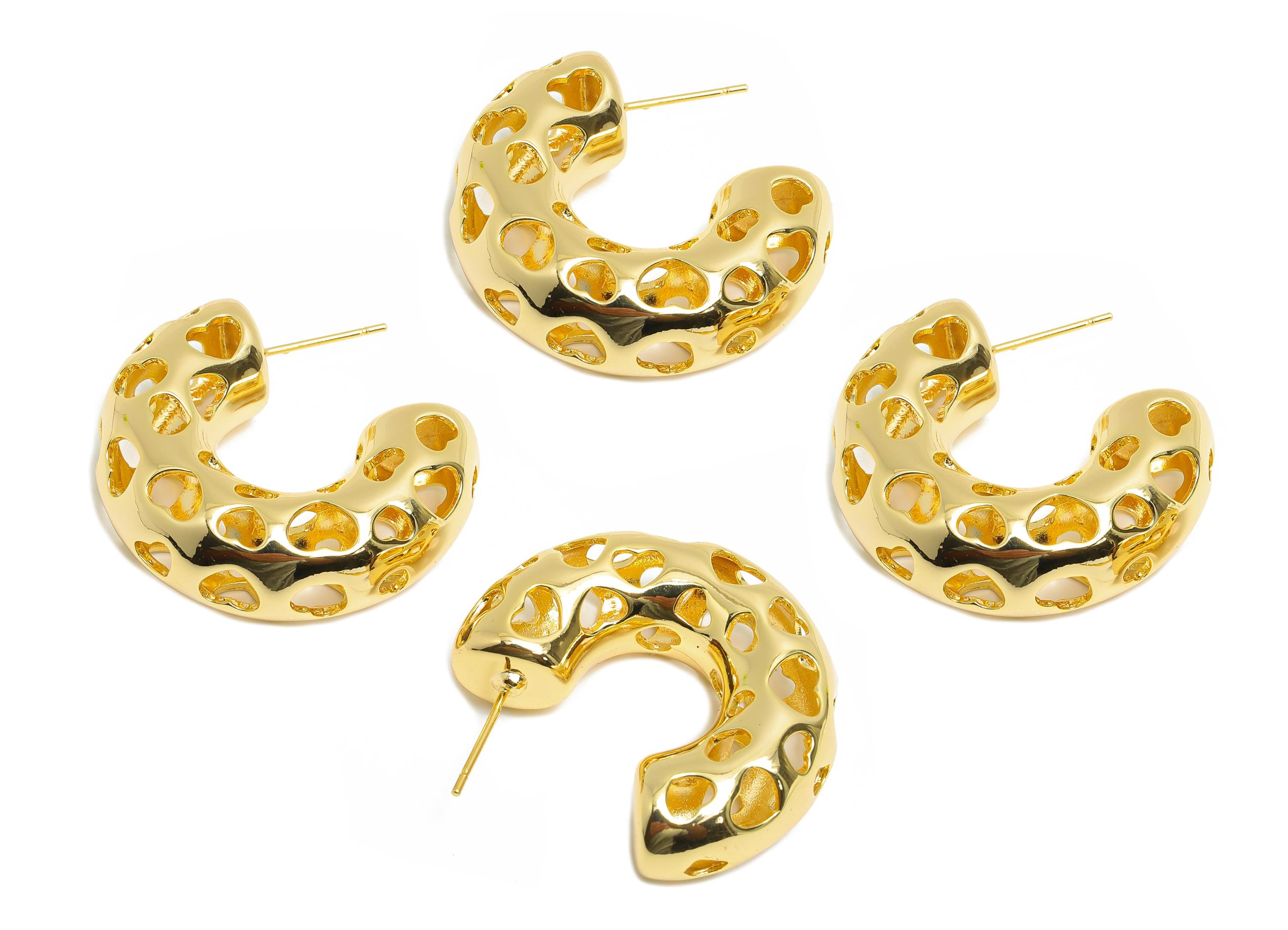 Heart Hoop Earring Post - Brass Hollow Heart Earring - Artistic Earring Post - Gold Trendy Hoop Earring - Bold Jewelry - 31x25x10mm -RGP9389 - DOMEDBAZAAR