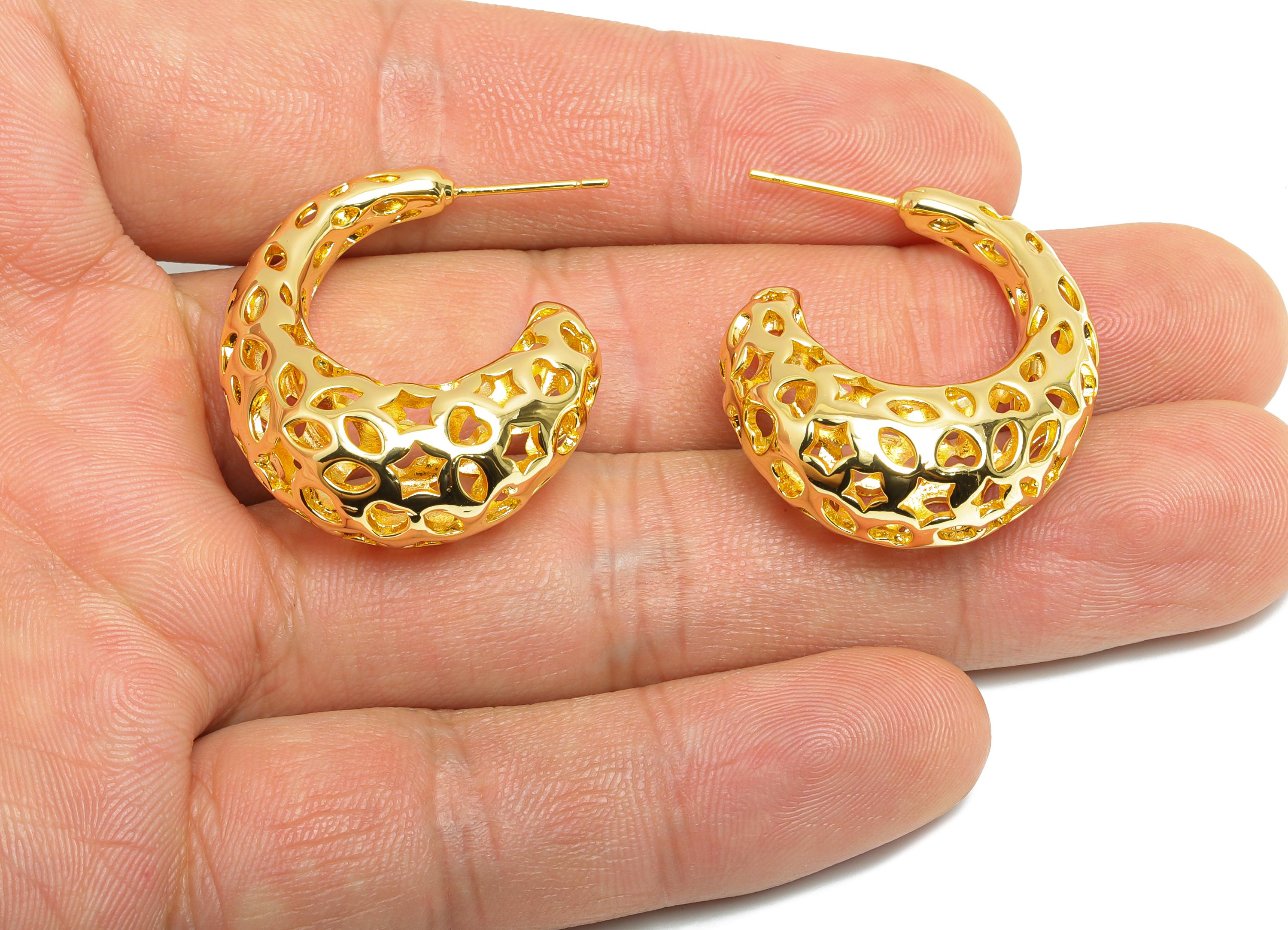 Brass Hoop Earring - Brass Hollow Drop Earring - Artistic Earring Post - Pattern Cutout Gold Jewelry - Bold Jewelry - 31x26x12mm-RGP9395 - DOMEDBAZAAR