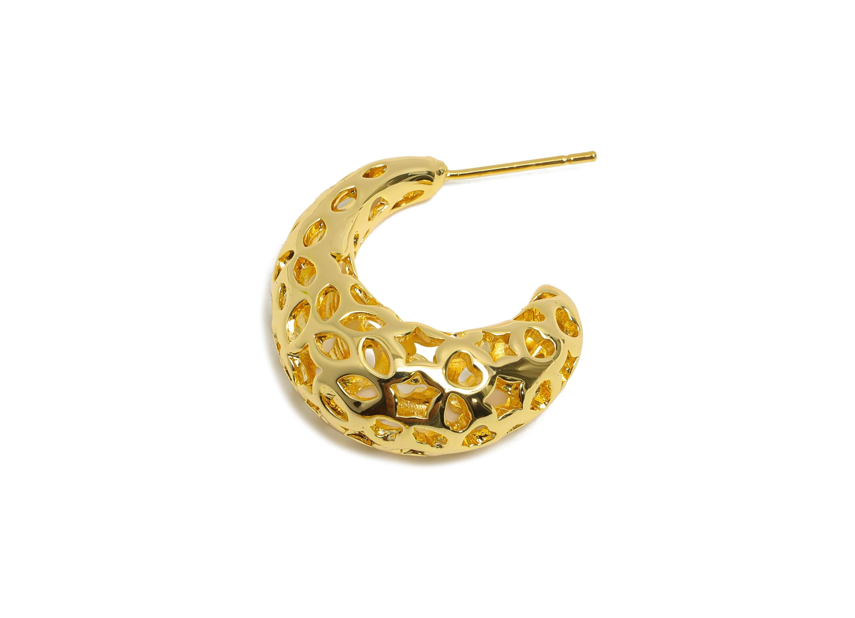 Brass Hoop Earring - Brass Hollow Drop Earring - Artistic Earring Post - Pattern Cutout Gold Jewelry - Bold Jewelry - 26x23x10mm - RGP9396 - DOMEDBAZAAR