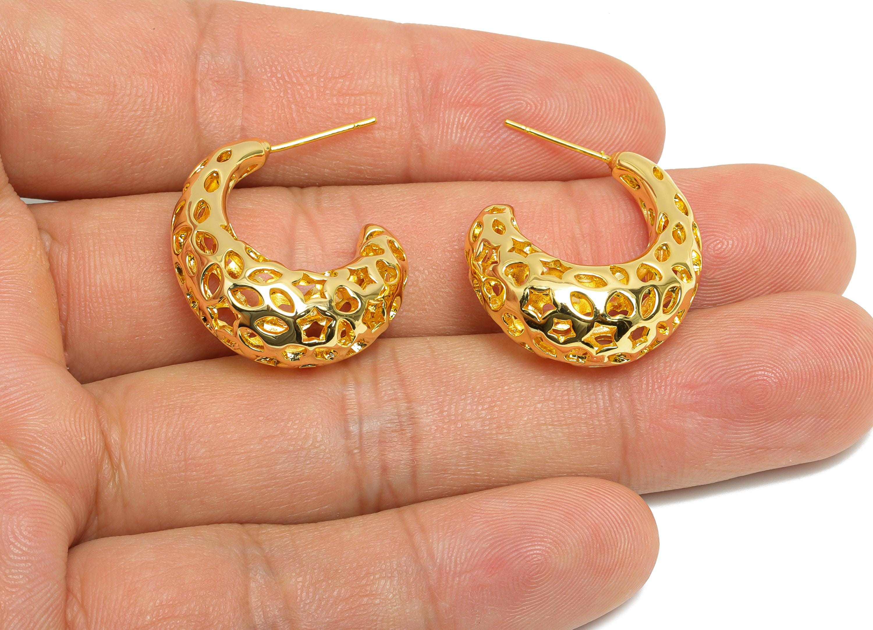 Brass Hoop Earring - Brass Hollow Drop Earring - Artistic Earring Post - Pattern Cutout Gold Jewelry - Bold Jewelry - 26x23x10mm - RGP9396 - DOMEDBAZAAR