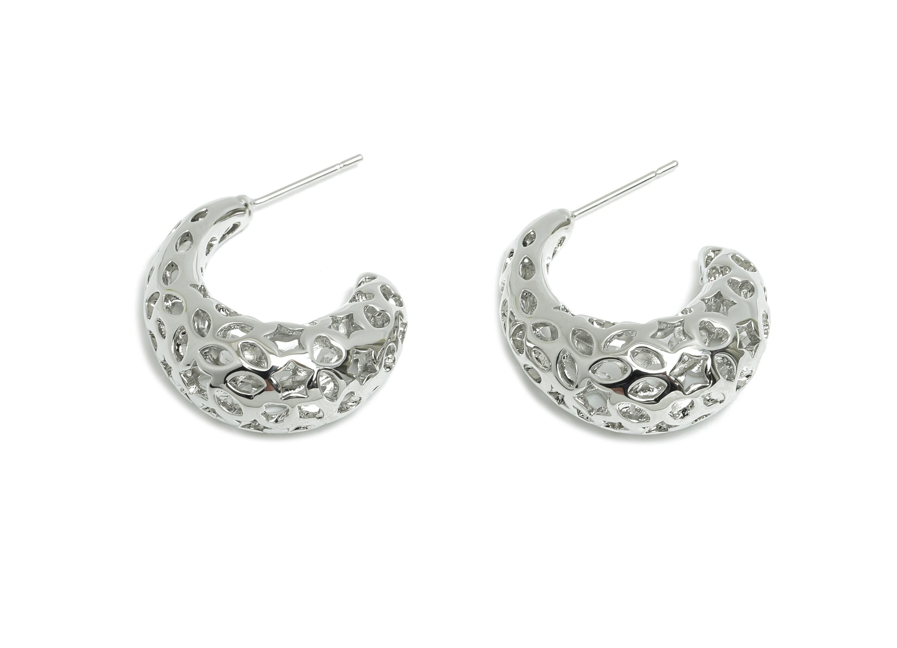 Brass Hoop Earring - Brass Hollow Drop Earring - Artistic Earring Post - Pattern Cutout  Jewelry - sILVER Bold Jewelry - 26x23x10mm-RGP9396S - DOMEDBAZAAR