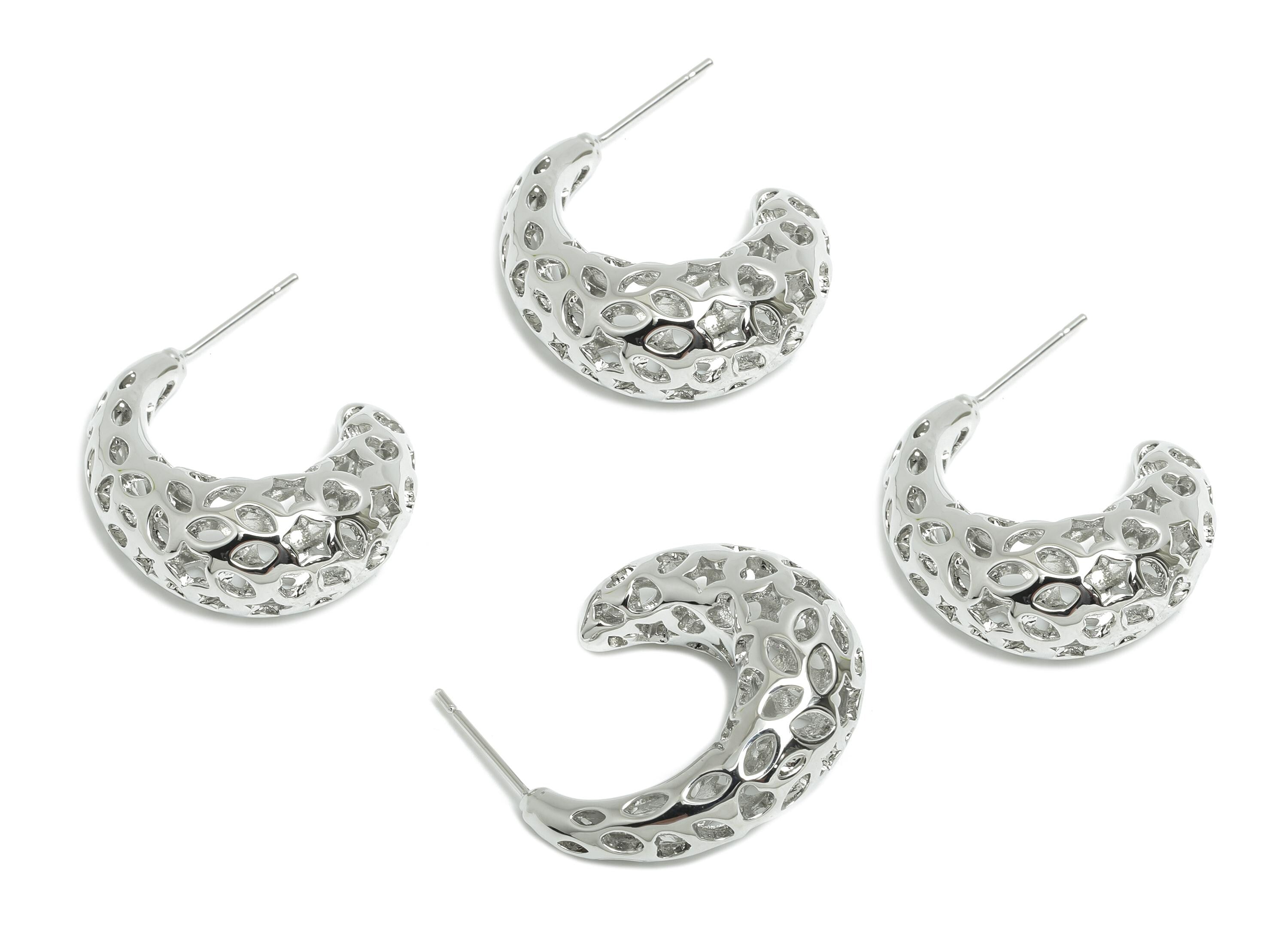 Brass Hoop Earring - Brass Hollow Drop Earring - Artistic Earring Post - Pattern Cutout  Jewelry - sILVER Bold Jewelry - 26x23x10mm-RGP9396S - DOMEDBAZAAR