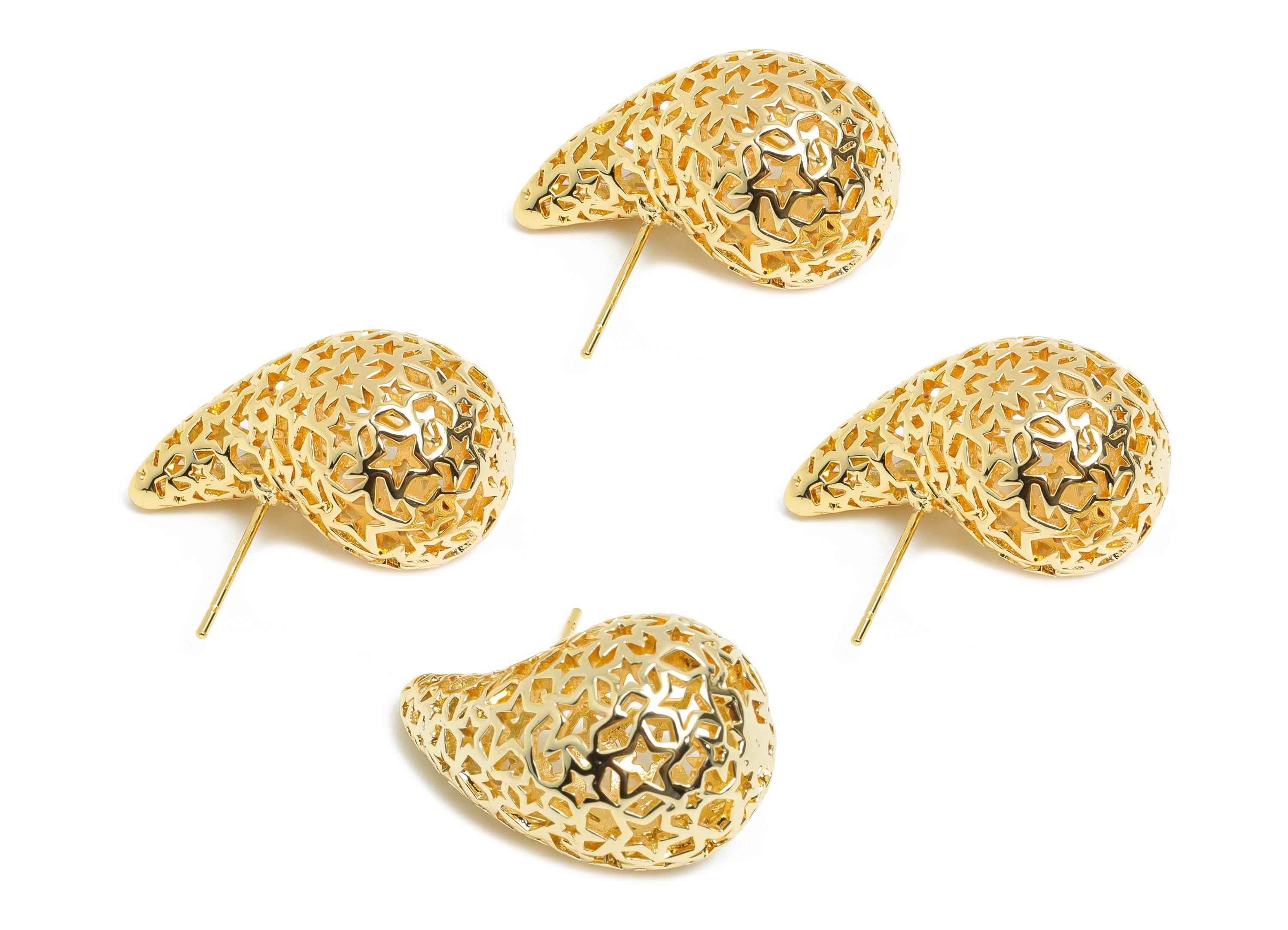 Star Earring Post - Brass Hollow Star Motif Earring - Artistic Earring Post - Trendy Intricate Earring - Bold Jewelry - 26x16x15mm - RGP9394 - DOMEDBAZAAR