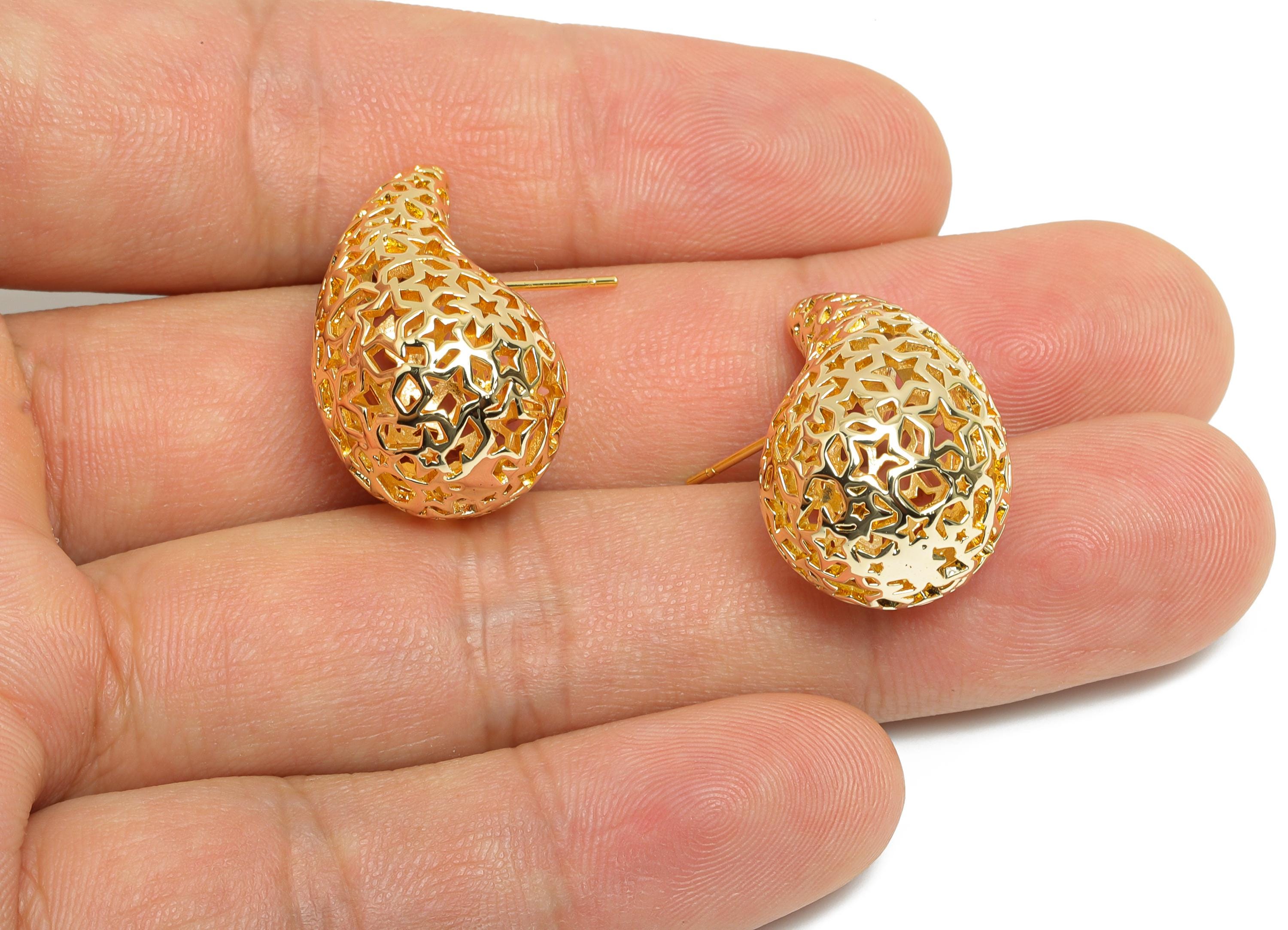 Star Earring Post - Brass Hollow Star Motif Earring - Artistic Earring Post - Trendy Intricate Earring - Bold Jewelry - 26x16x15mm - RGP9394 - DOMEDBAZAAR