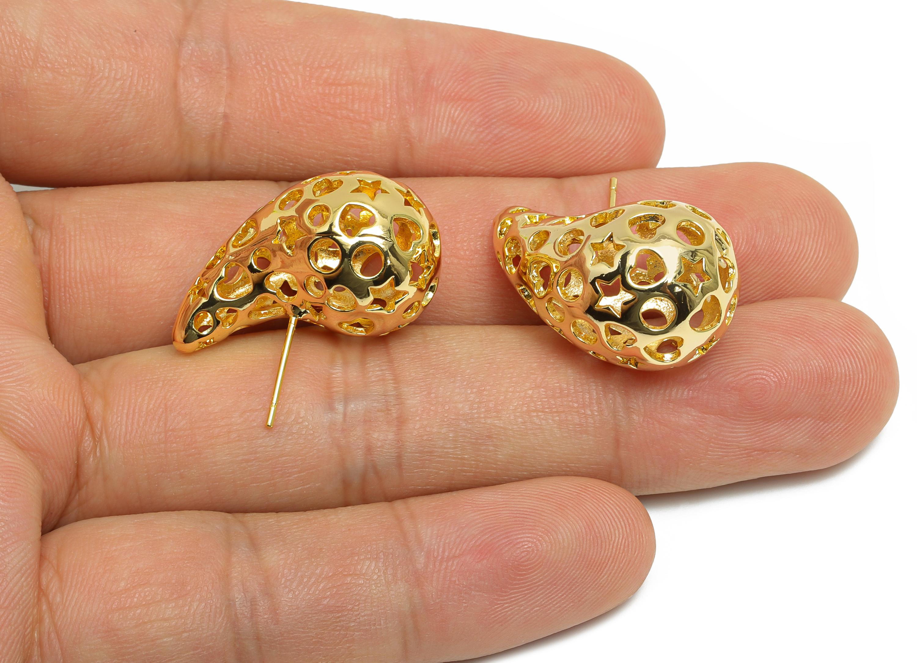 Teardrop Earring Post - Brass Hollow Pattern Earring - Artistic Earring Post - Trendy Modern Earring - Bold Jewelry - 26x16x15mm - RGP9388 - DOMEDBAZAAR