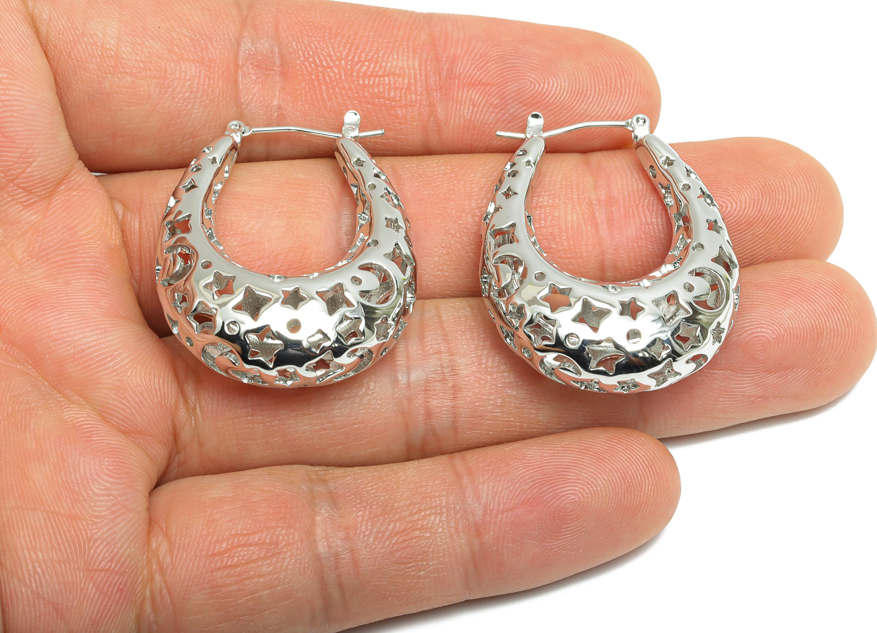 Brass Hoop Earring - Brass Hollow Space Earring - Artistic Earring Post - Star Moon Pattern Hinged Back - Bold Jewelry - 36x28x11mm-RGP9391S - DOMEDBAZAAR