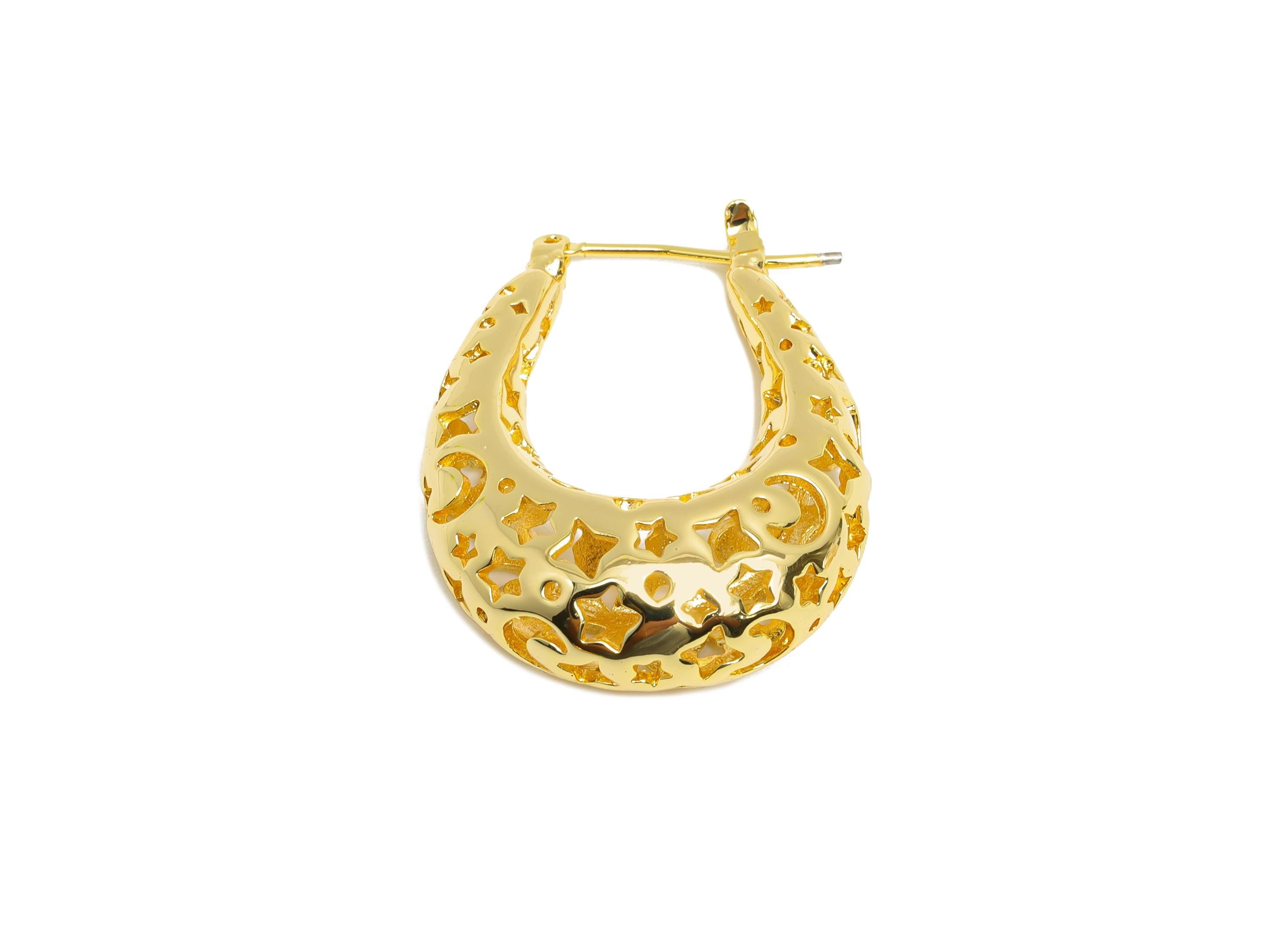 Brass Hoop Earring - Brass Hollow Space Earring - Artistic Earring Post - Star Moon Pattern Hinged Back - Bold Jewelry - 31x24x9mm - RGP9392 - DOMEDBAZAAR