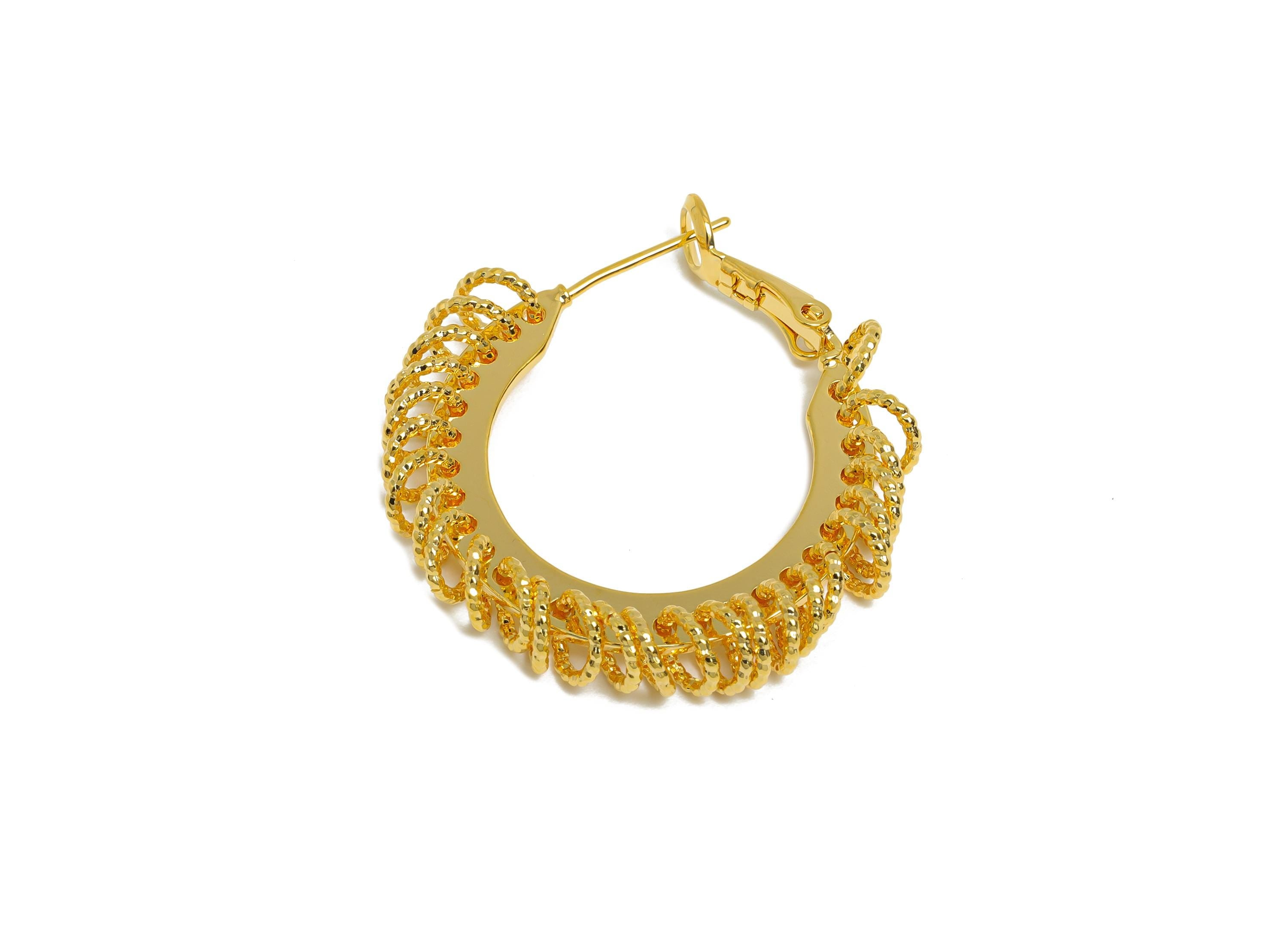 Brass Round Hoop Earrings - Gold Intricate Hanging Ring Earrings - Textured Clasp Back Earrings - 18K Real Gold Plated - 30x29x5mm - RGP9516 - DOMEDBAZAAR