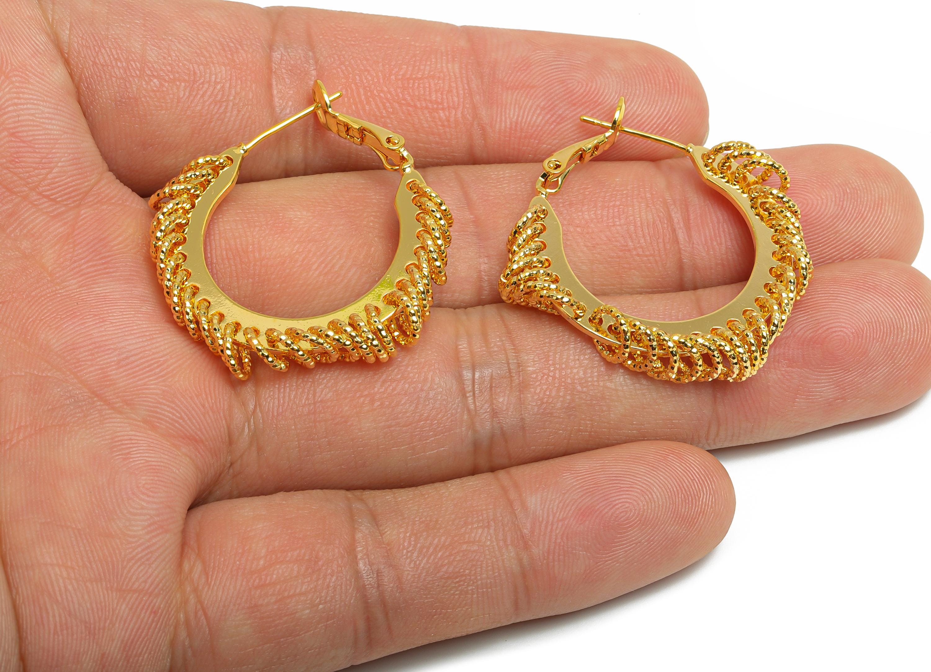 Brass Round Hoop Earrings - Gold Intricate Hanging Ring Earrings - Textured Clasp Back Earrings - 18K Real Gold Plated - 30x29x5mm - RGP9516 - DOMEDBAZAAR
