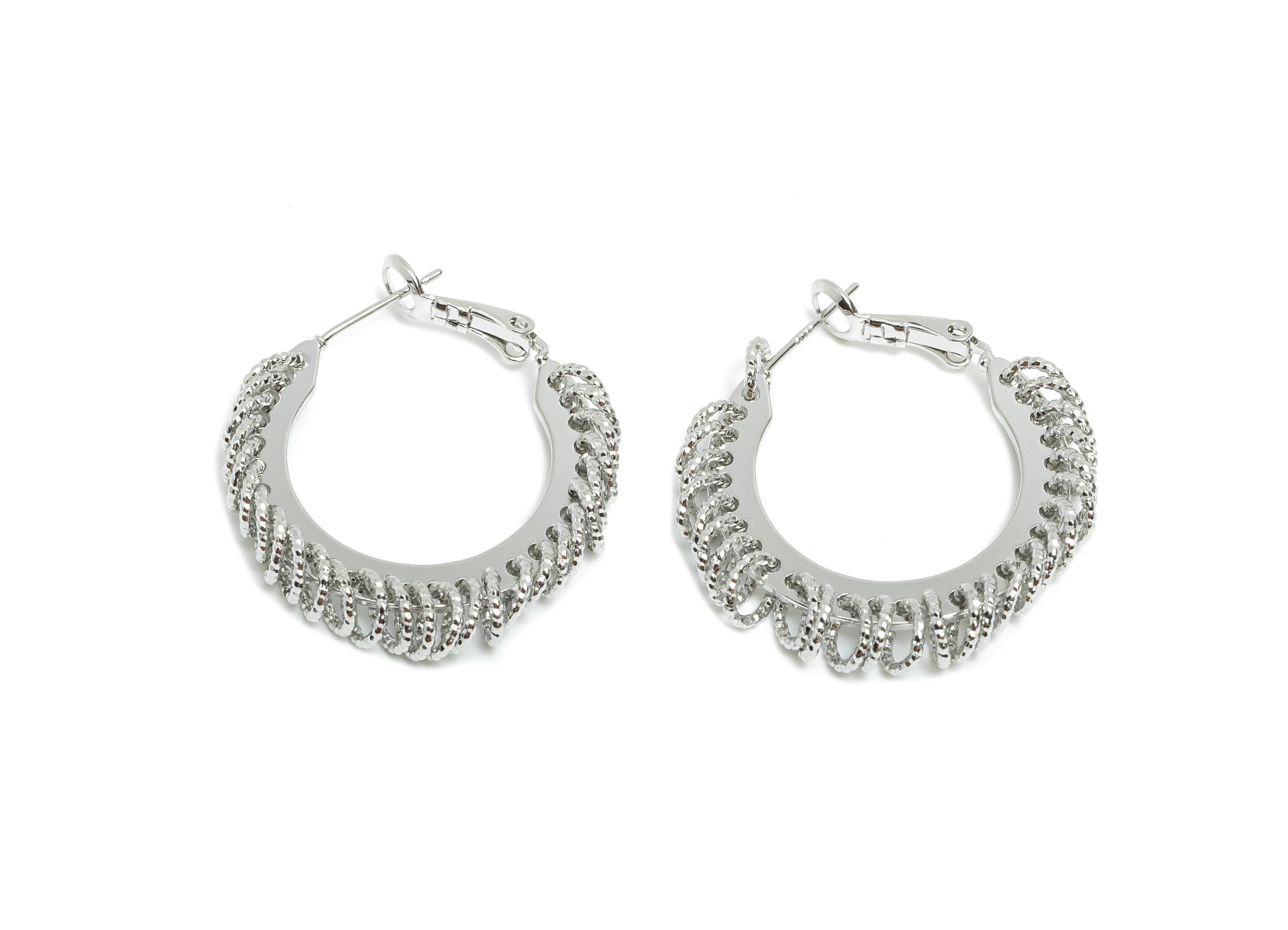 Brass Round Hoop Earring - White Intricate Hanging Ring Earring - Textured Clasp Back Earring - 18K White Gold Plated - 30x29x5mm - RGP9516S - DOMEDBAZAAR