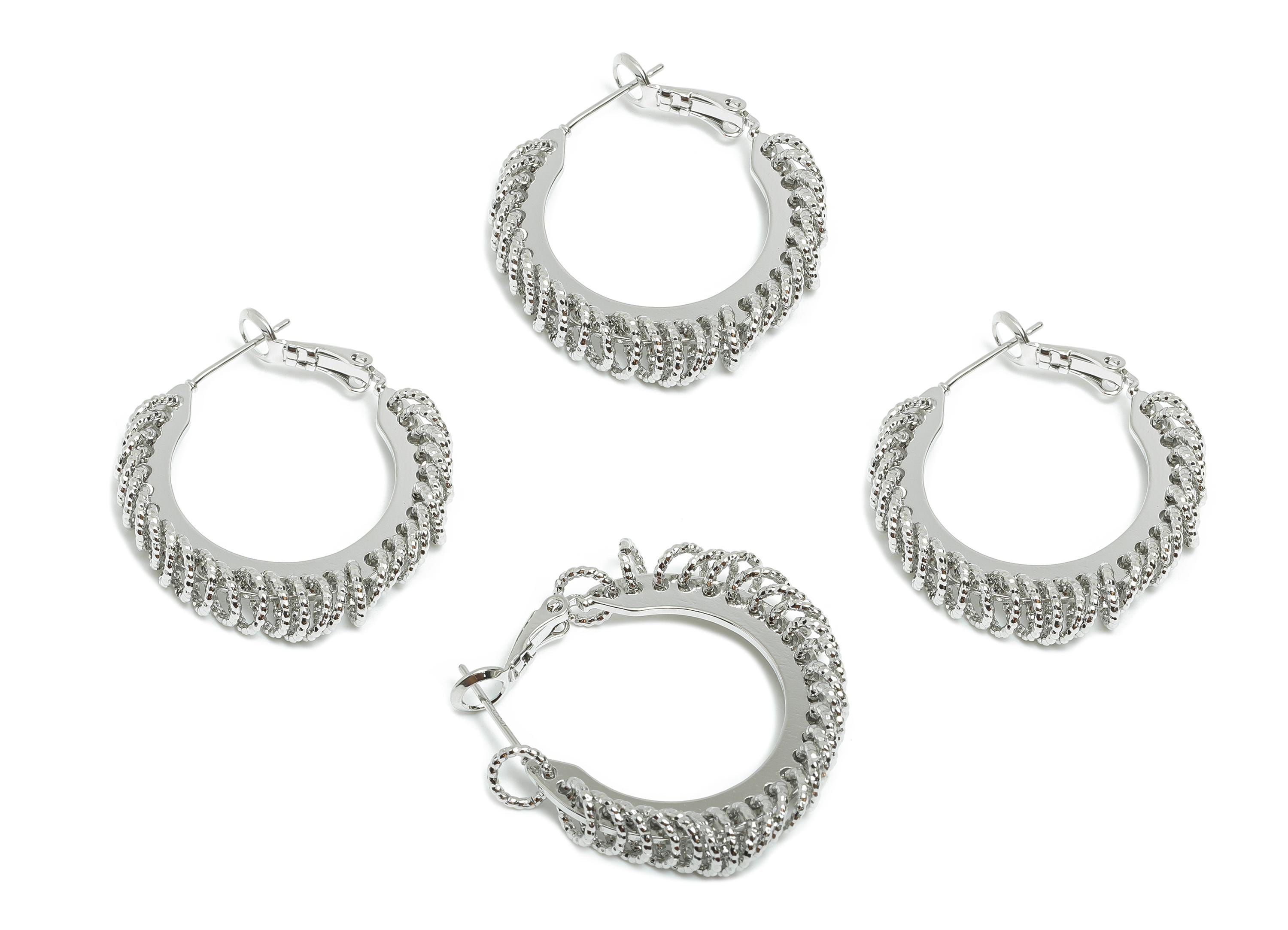 Brass Round Hoop Earring - White Intricate Hanging Ring Earring - Textured Clasp Back Earring - 18K White Gold Plated - 30x29x5mm - RGP9516S - DOMEDBAZAAR