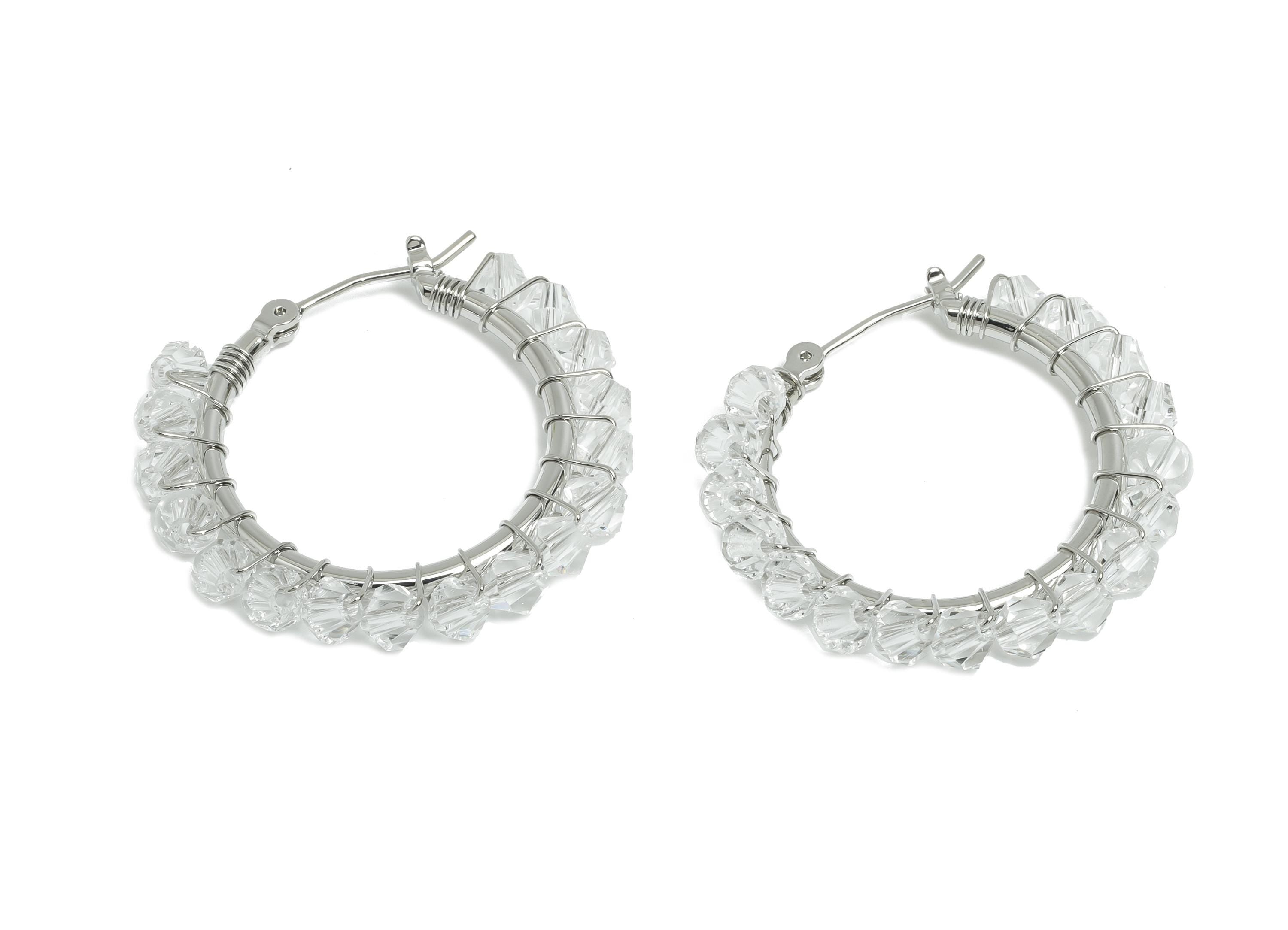 Brass Beaded Hoop Earring - White Braided Zircon Earring - Geometric Hinged Back Earring -18K Real White Gold-Plated -32x29x3.8mm - RGP9447S - DOMEDBAZAAR