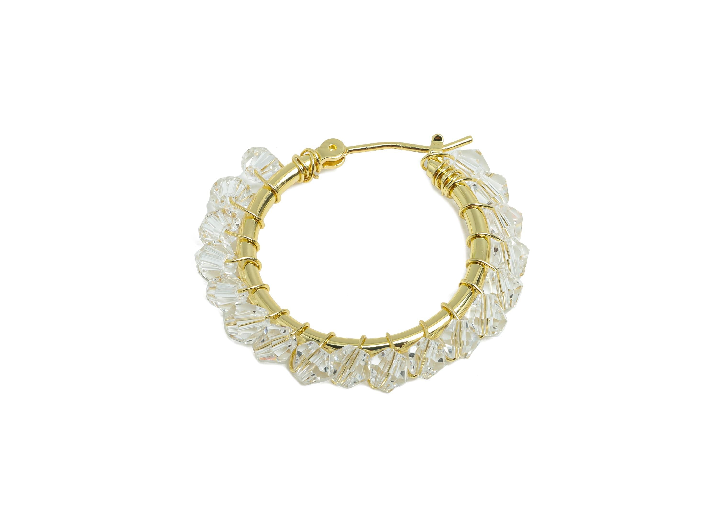 Brass Beaded Hoop Earrings - Gold Braided Zircon Earrings - Geometric Hinged Back Earrings - 14K Real Gold-Plated - 32x29x3.8mm - RGP9447-14 - DOMEDBAZAAR