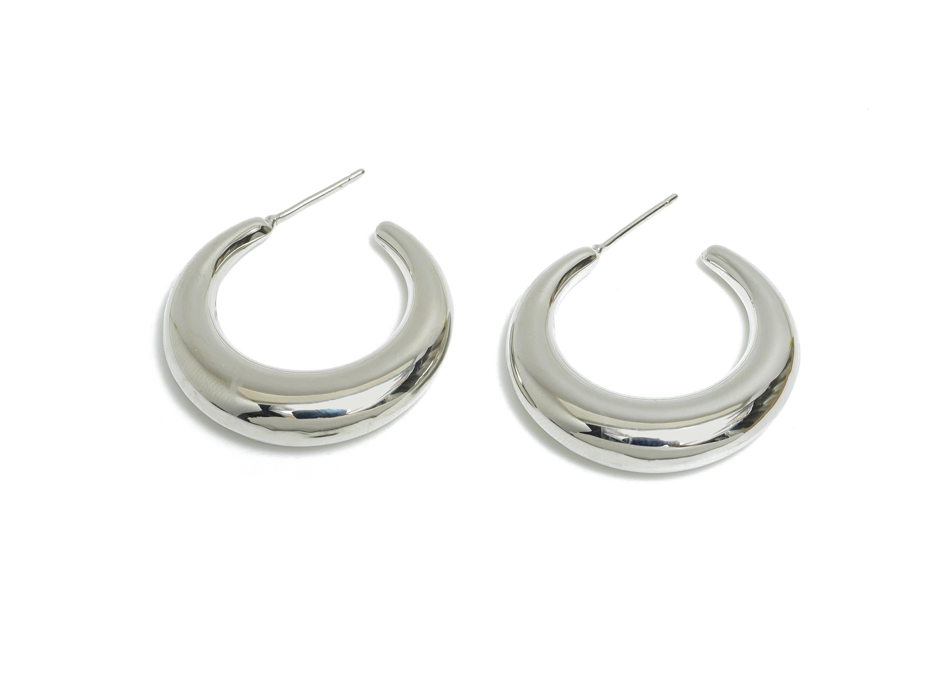 Brass Crescent Earring Stud - White Half-Moon Earring - Minimalist Open C Hoop Earring Post-18K Real White Gold-Plated -30x28x6.6mm-RGP9502S - DOMEDBAZAAR