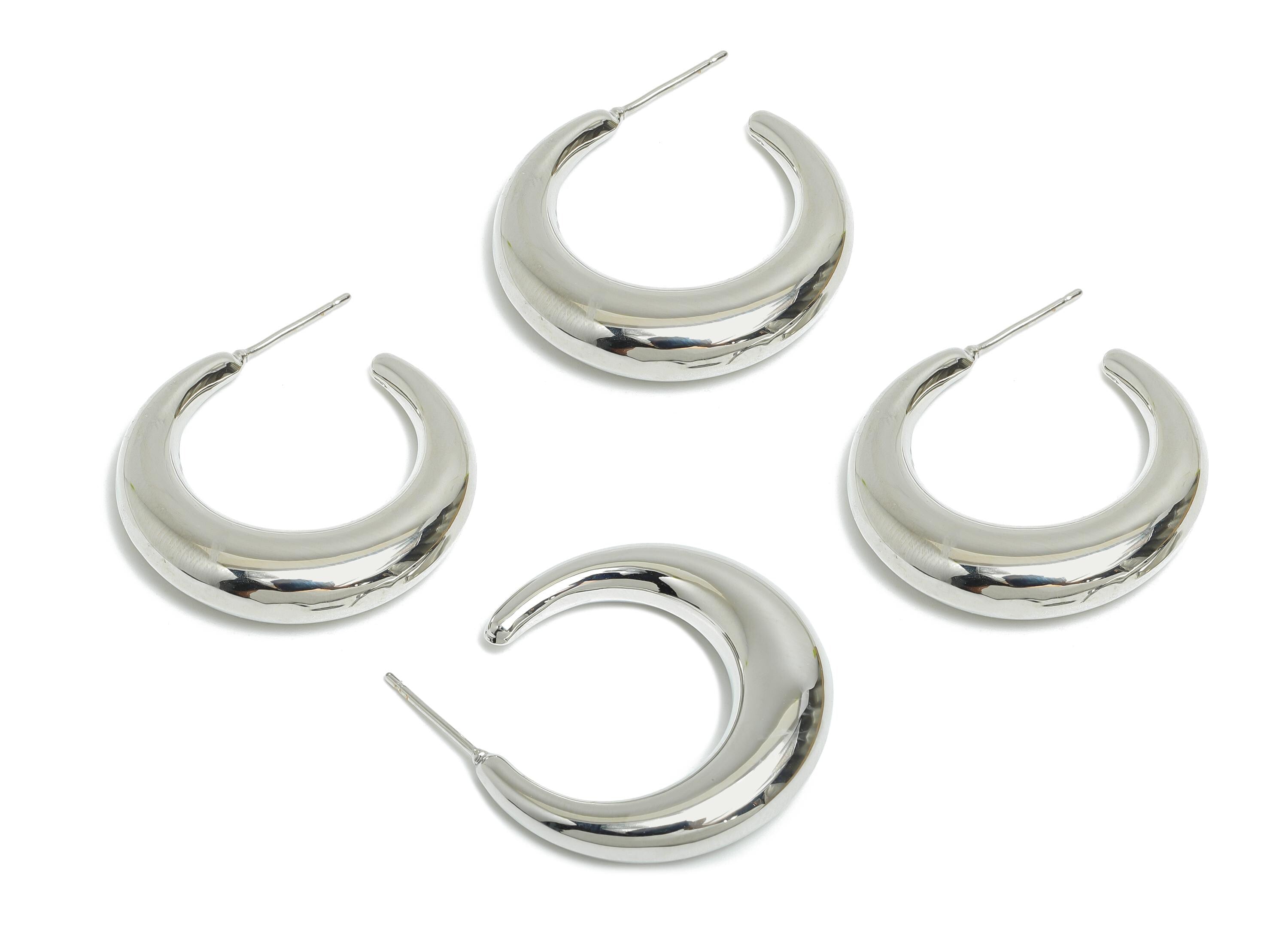 Brass Crescent Earring Stud - White Half-Moon Earring - Minimalist Open C Hoop Earring Post-18K Real White Gold-Plated -30x28x6.6mm-RGP9502S - DOMEDBAZAAR