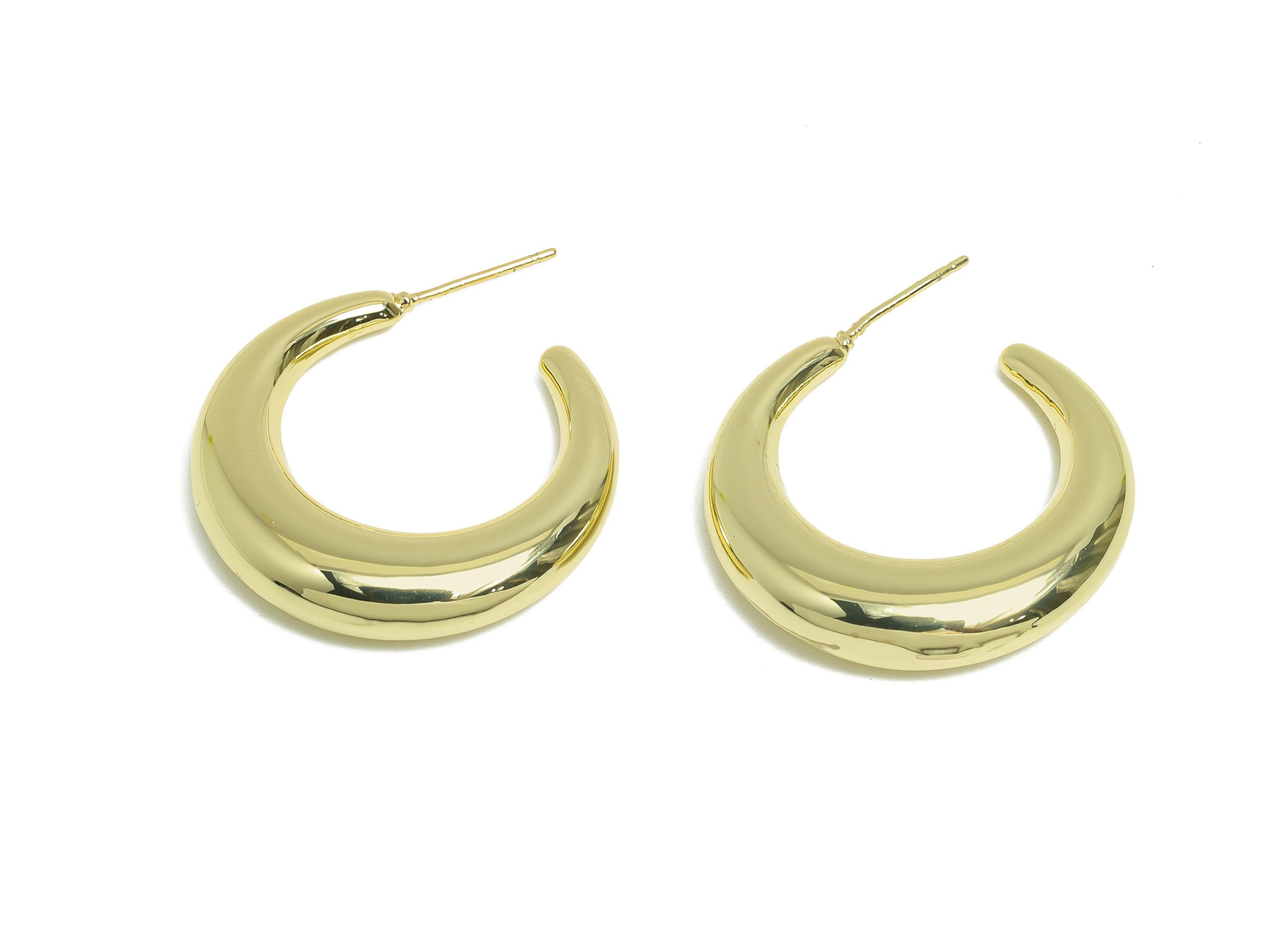 Brass Crescent Earring Stud - Gold Half-Moon Earrings - Minimalist Open C Hoop Earring Post- 14K Real Gold-Plated - 30x28x6.6mm - RGP9502-14 - DOMEDBAZAAR