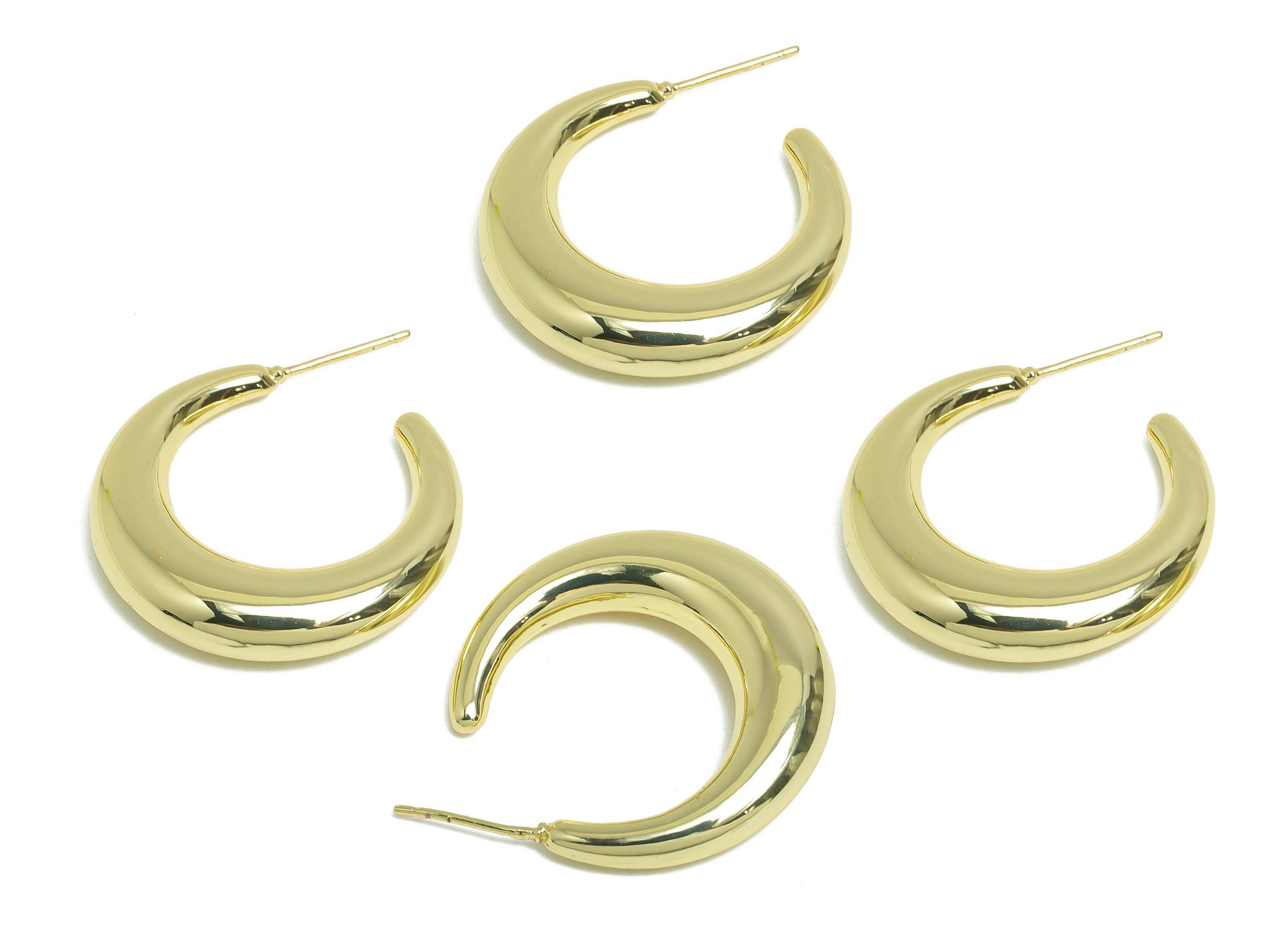 Brass Crescent Earring Stud - Gold Half-Moon Earrings - Minimalist Open C Hoop Earring Post- 14K Real Gold-Plated - 30x28x6.6mm - RGP9502-14 - DOMEDBAZAAR