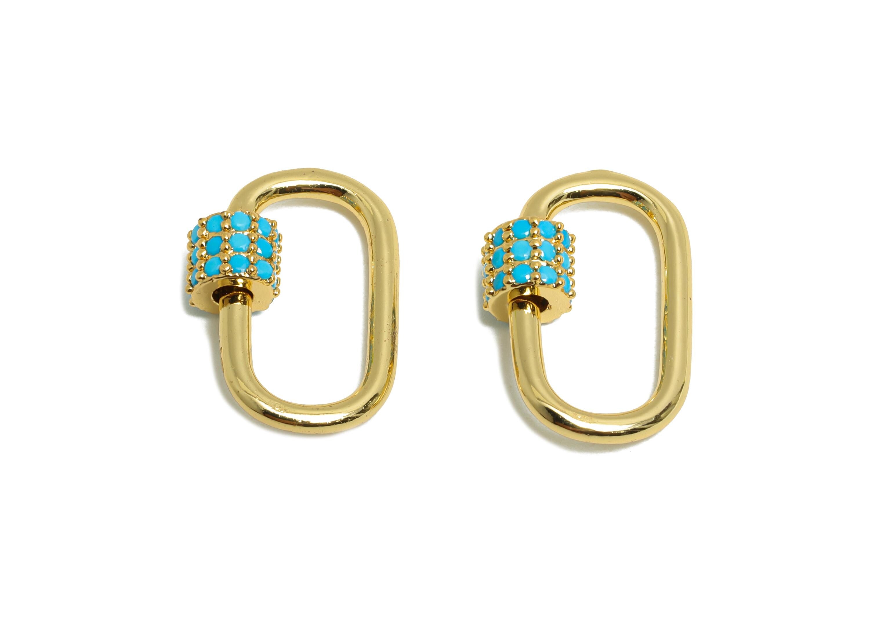 Brass Oval Lock Clasp - Gold Blue Zircon Screw Clasp Earring - Unique Heart Screw Clasp Earring - 18K Real Gold Plated -18x12x5mm - RGP9421 - DOMEDBAZAAR