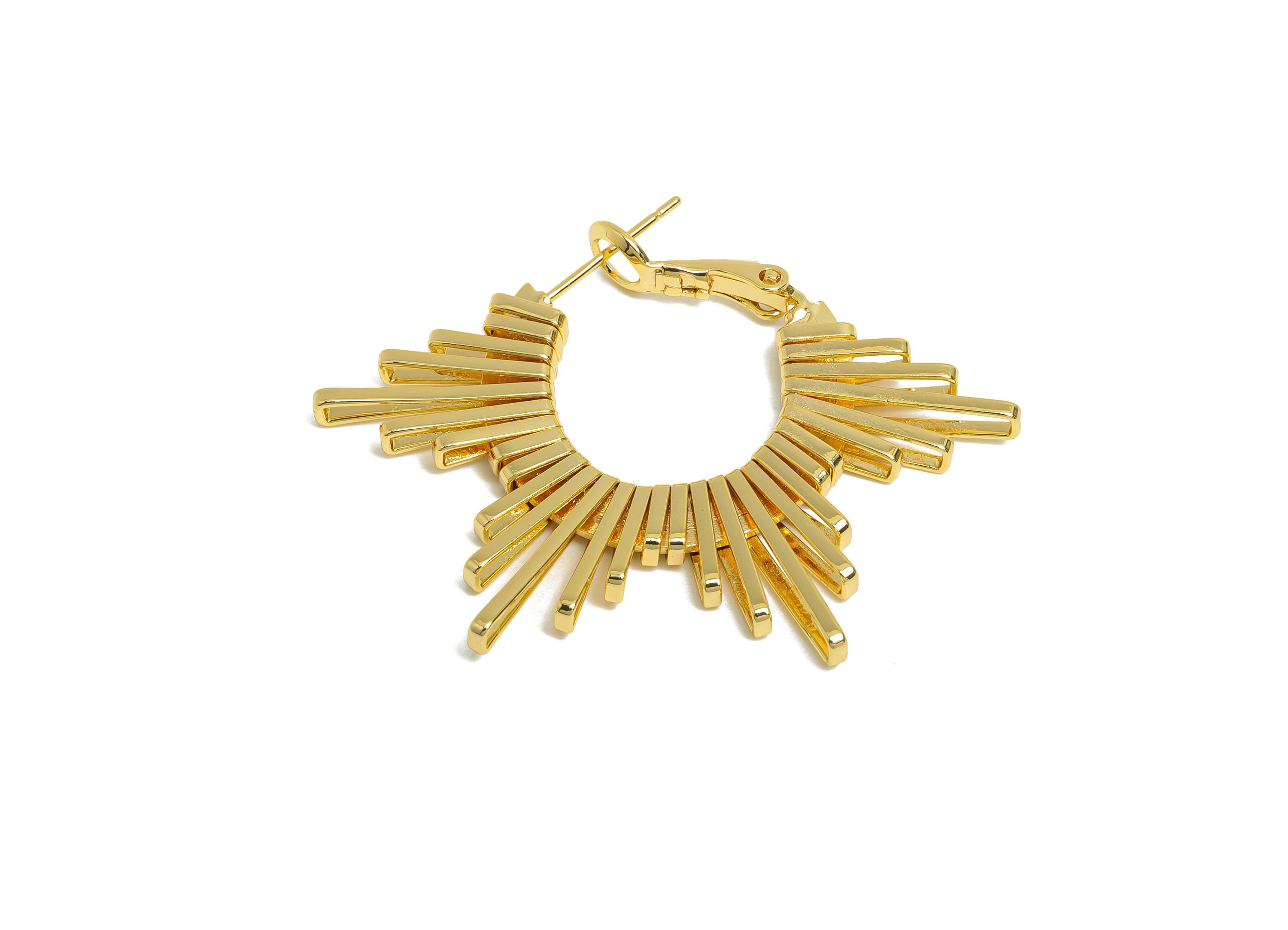 Brass Dazzling Sunray Earring - Gold Unique Fan Earring - Geometric Clasp Back Earrings - 18K Real Gold-Plated Brass - 45x31x2.8mm - RGP9520 - DOMEDBAZAAR