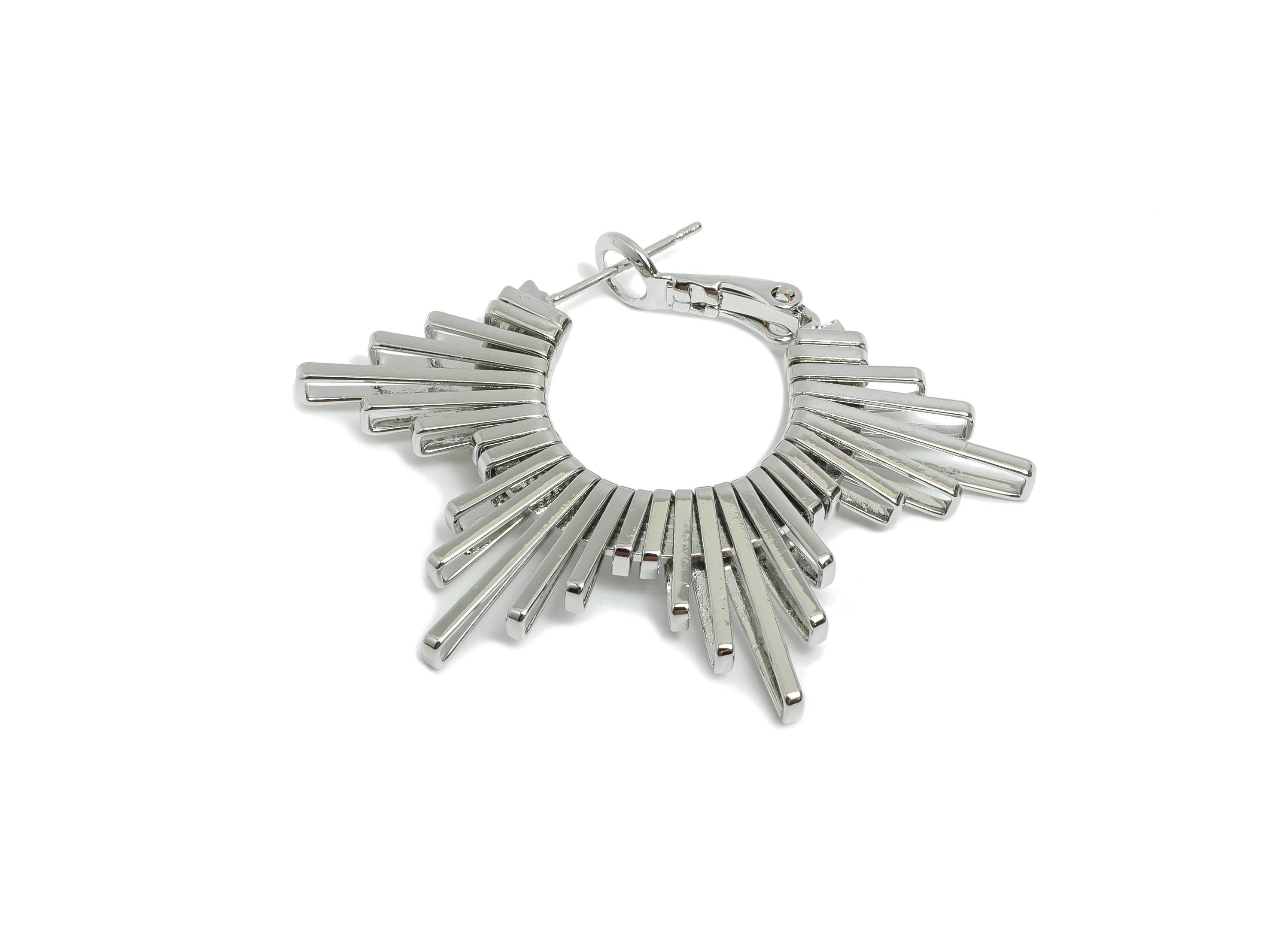 Brass Dazzling Sunray Earring - White Unique Fan Earring - Geometric Clasp Back Earring - 18K Real White Gold-Plated - 45x31x2.8mm -RGP9520S - DOMEDBAZAAR