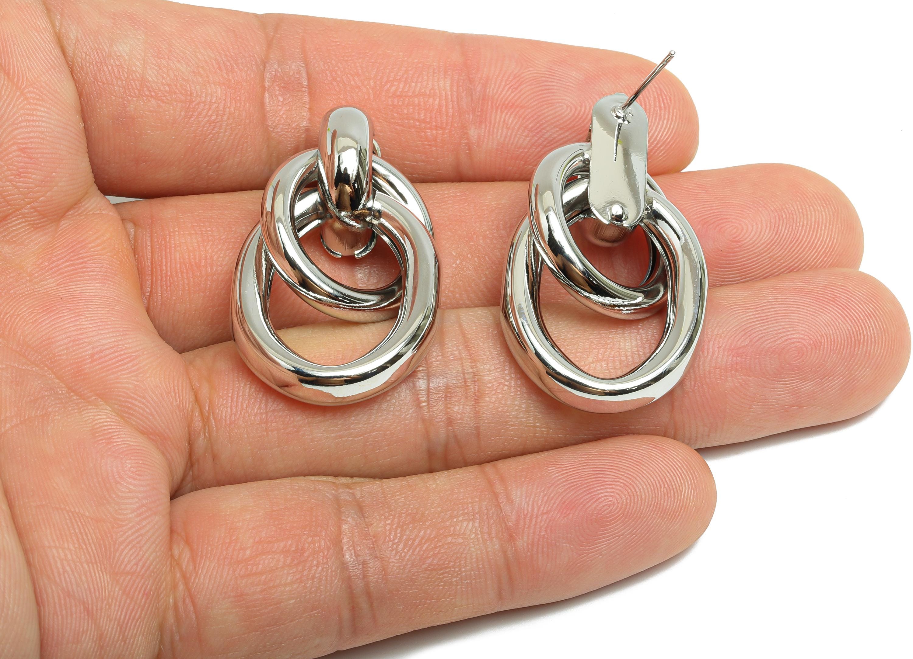 Brass Dangle Earring Stud - White Interlock Chain Earring Post - Statement Dangle Earring Post -18K White Gold-Plated - 35x21x11mm -RGP9448S - DOMEDBAZAAR