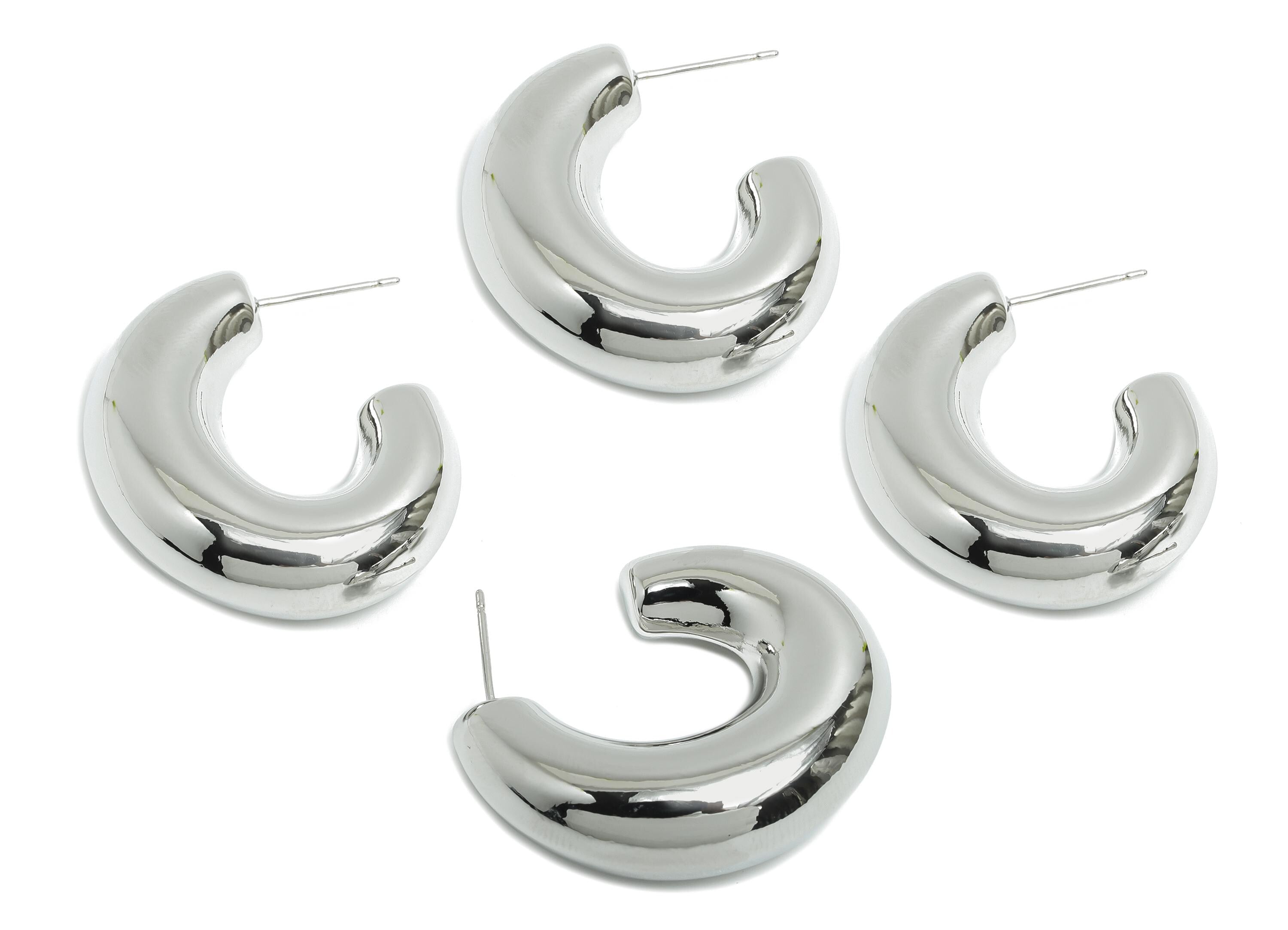 Chunky Hoop Earring - Brass Bold Curved Earring Stud - Chunky Crescent Earring - 18k Real White Gold Plating - 33.5x29x10.5mm - RGP9426S - DOMEDBAZAAR