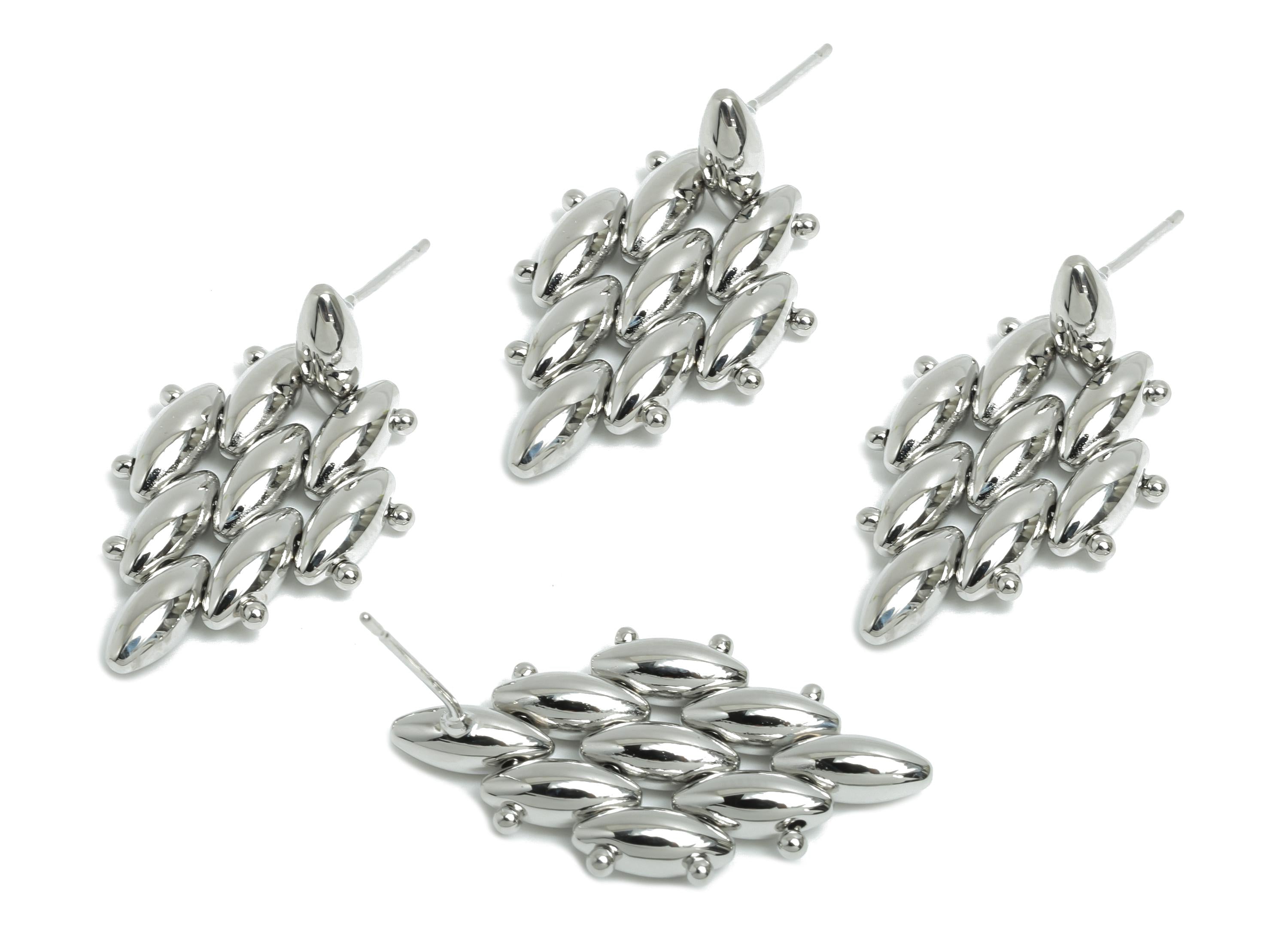 Marquise Cluster Earring - Brass Layered Marquise Earring Stud - Geometric Cluster Jewelry - 18k Real White Gold Plated - 27x17x3mm-RGP9438S - DOMEDBAZAAR