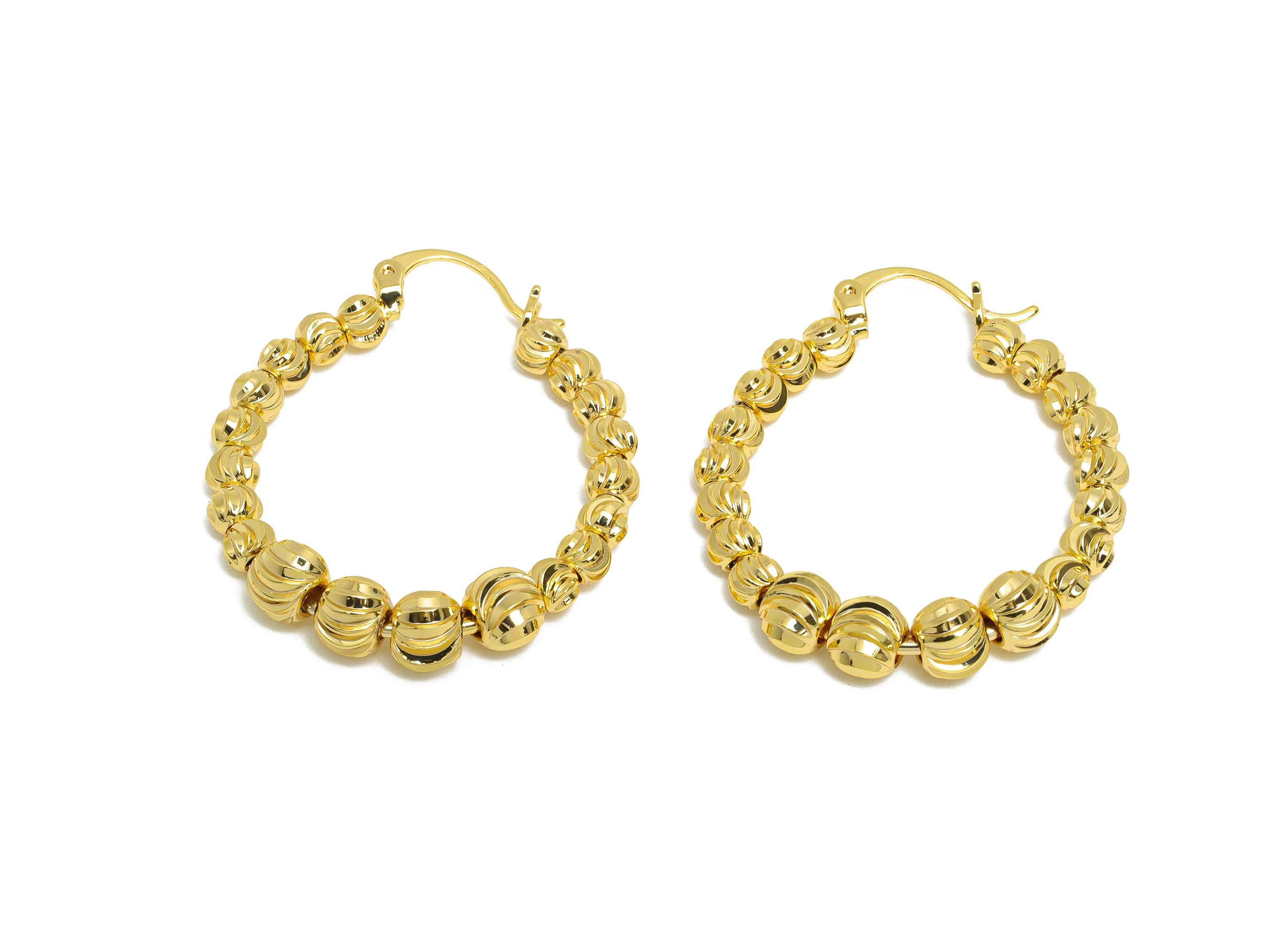Brass Beaded Hoop Earring - Brass Textured Beaded Hoop - Hinged Back - Classic Gold Hoops - 18k Real Gold Plating - 35x30x5.3mm - RGP9435