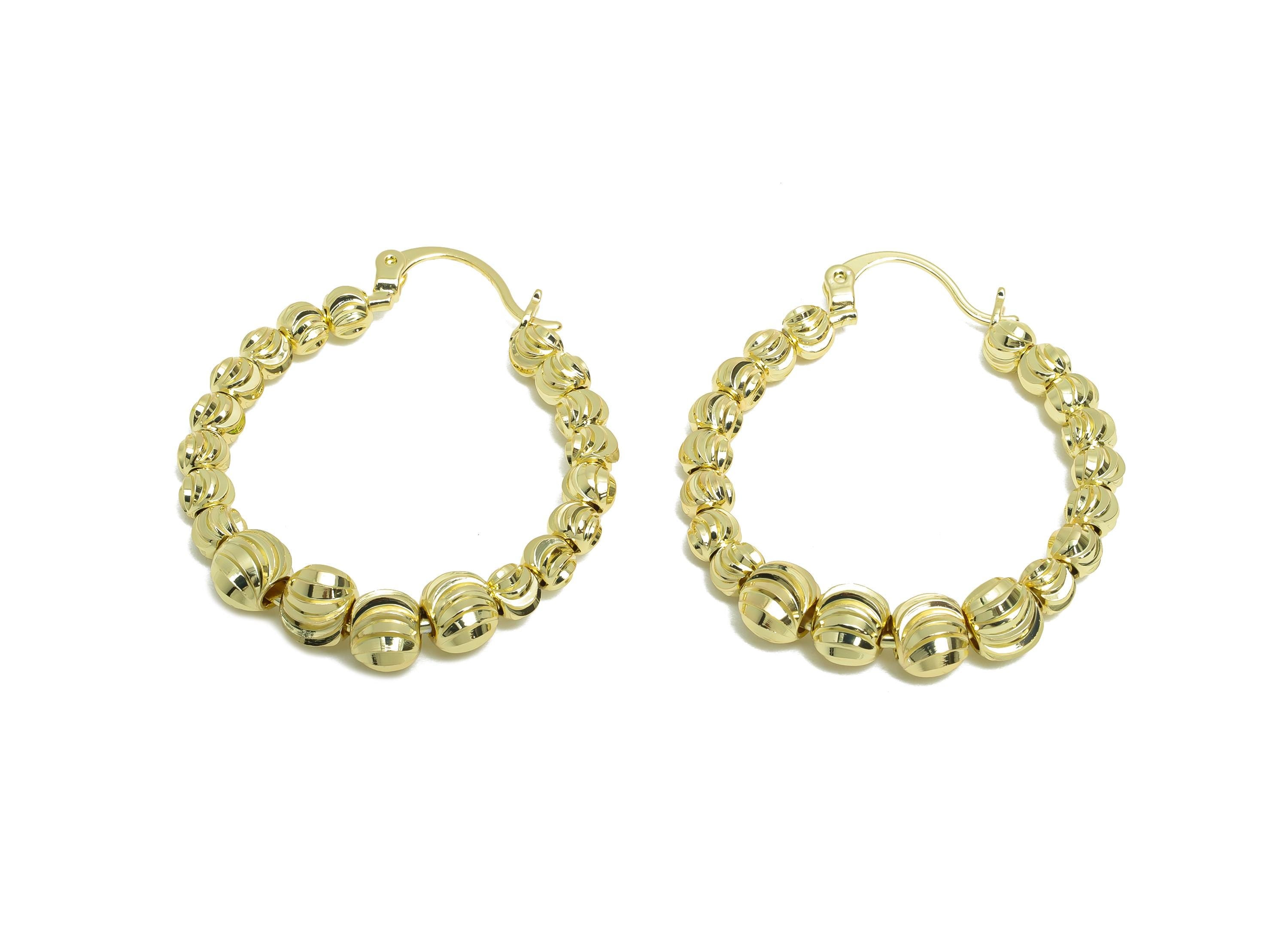 Brass Beaded Hoop Earring - Brass Textured Beaded Hoop - Hinged Back - Classic Gold Hoops - 14k Real Gold Plating - 35x30x5.3mm - RGP9435-14 - DOMEDBAZAAR