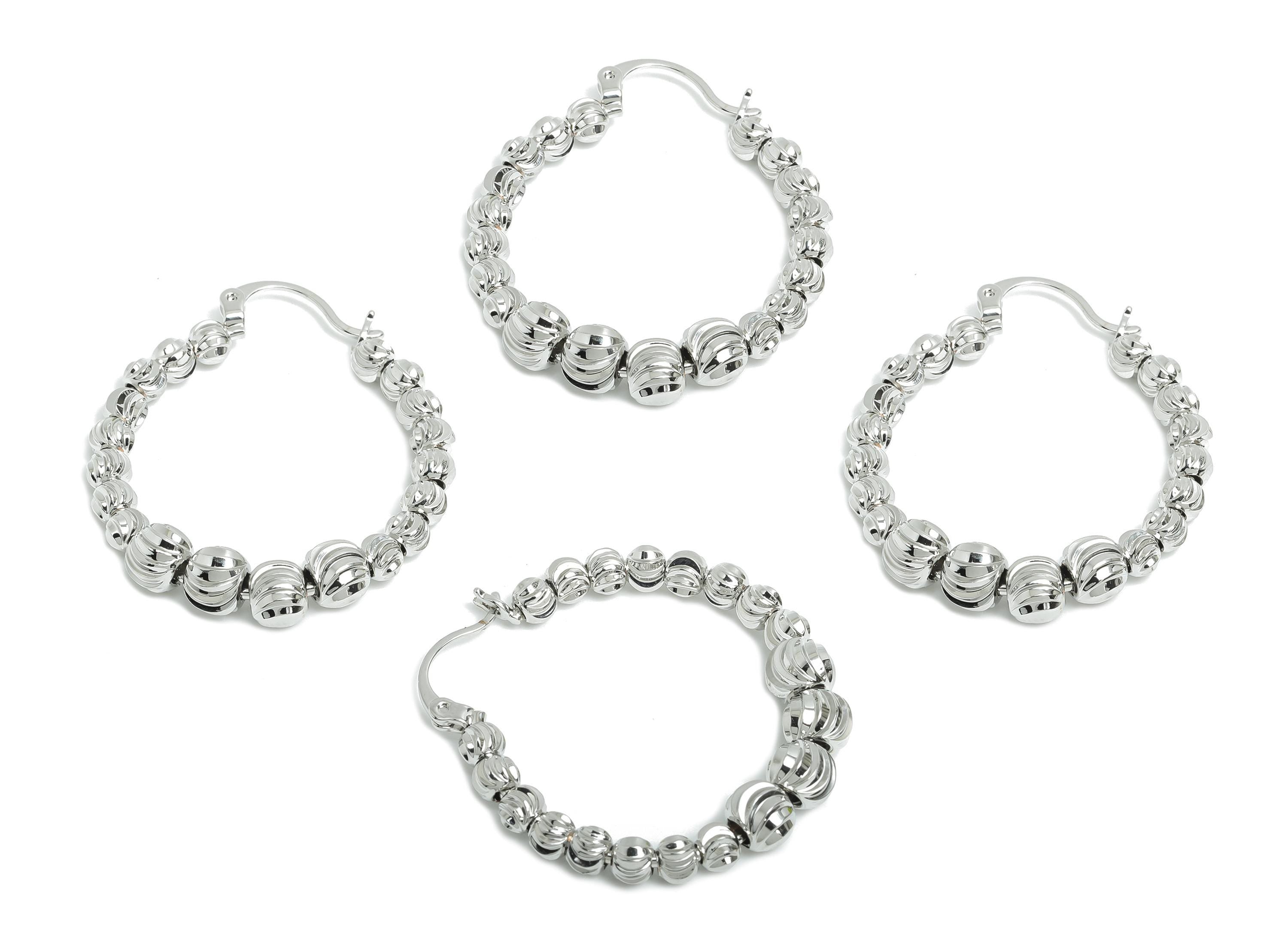 Brass Beaded Hoop Earring - Brass Textured Beaded Hoop - Hinged Back - Classic Hoop Jewelry - 18k Real White Gold Plated -35x30x5mm-RGP9435S - DOMEDBAZAAR