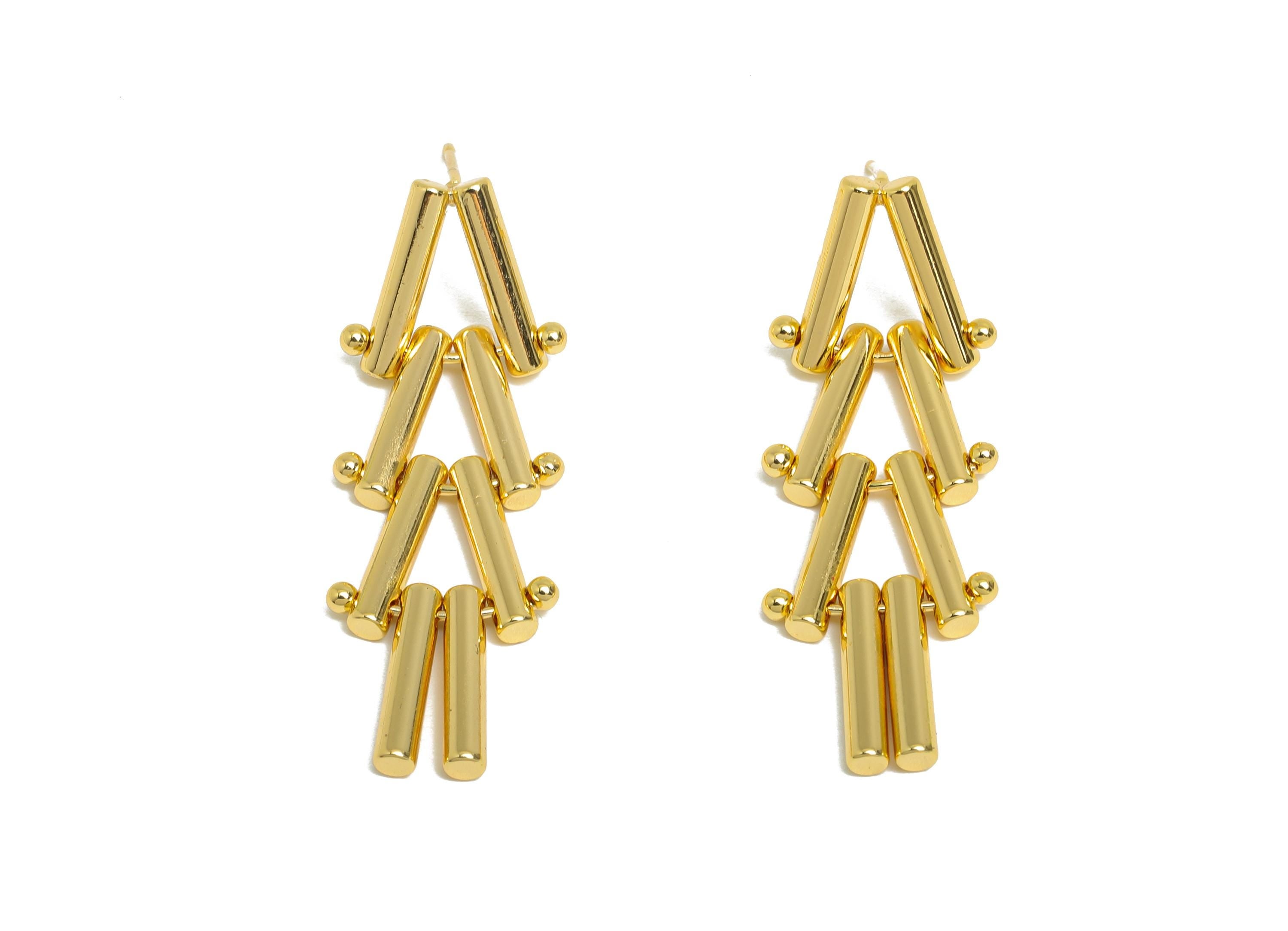 Triangle Dangle Earring - Brass Long Interlock Earring Post - Gold Unique Geometric Earring - 18K Real Gold Plated -38x13.7x2.5mm - RGP9519 - DOMEDBAZAAR