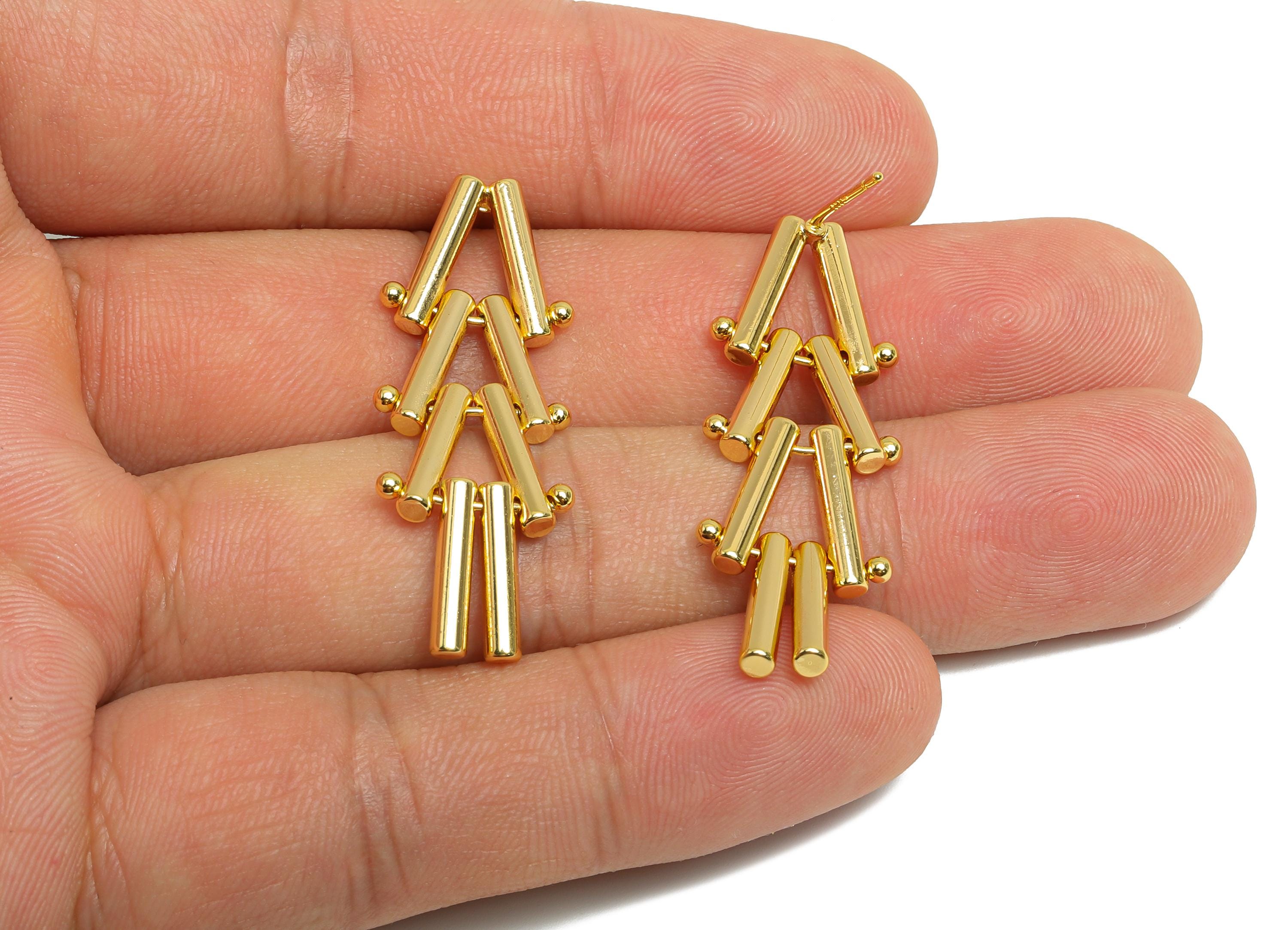 Triangle Dangle Earring - Brass Long Interlock Earring Post - Gold Unique Geometric Earring - 18K Real Gold Plated -38x13.7x2.5mm - RGP9519 - DOMEDBAZAAR