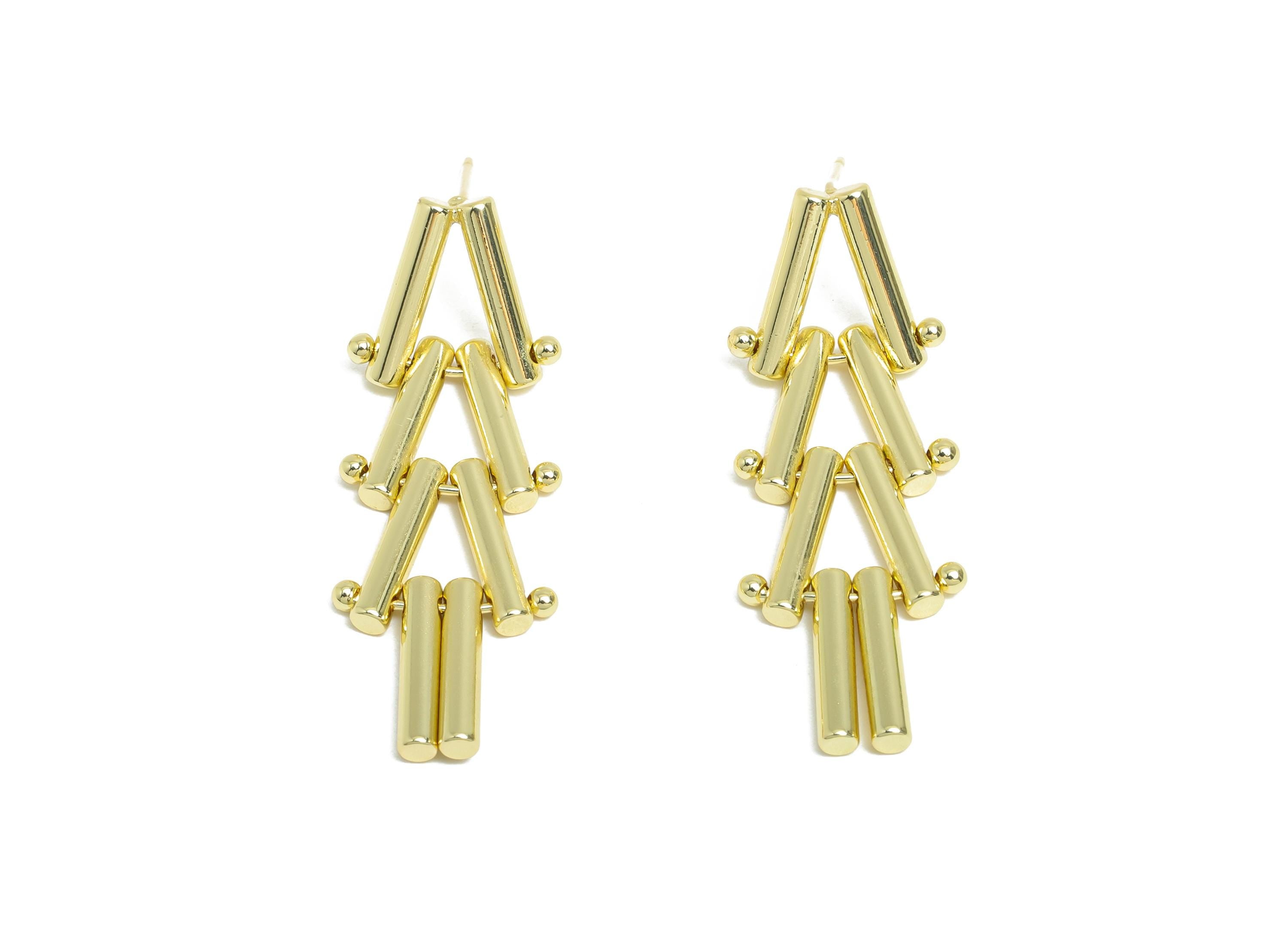 Triangle Dangle Earring - Brass Long Interlock Earring Post - Gold Unique Geometric Earring -14K Real Gold Plated -38x13.7x2.5mm -RGP9519-14 - DOMEDBAZAAR