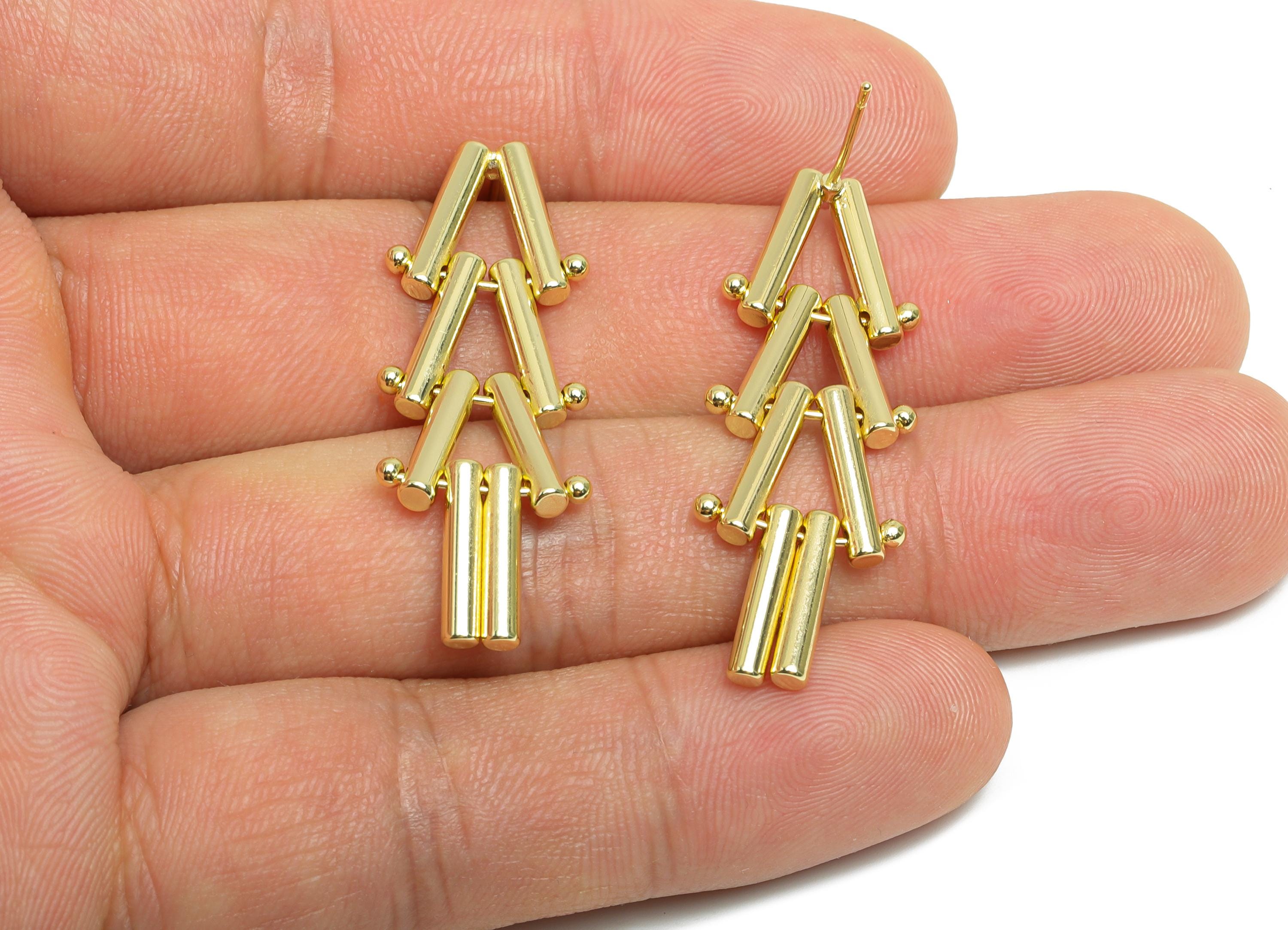 Triangle Dangle Earring - Brass Long Interlock Earring Post - Gold Unique Geometric Earring -14K Real Gold Plated -38x13.7x2.5mm -RGP9519-14 - DOMEDBAZAAR