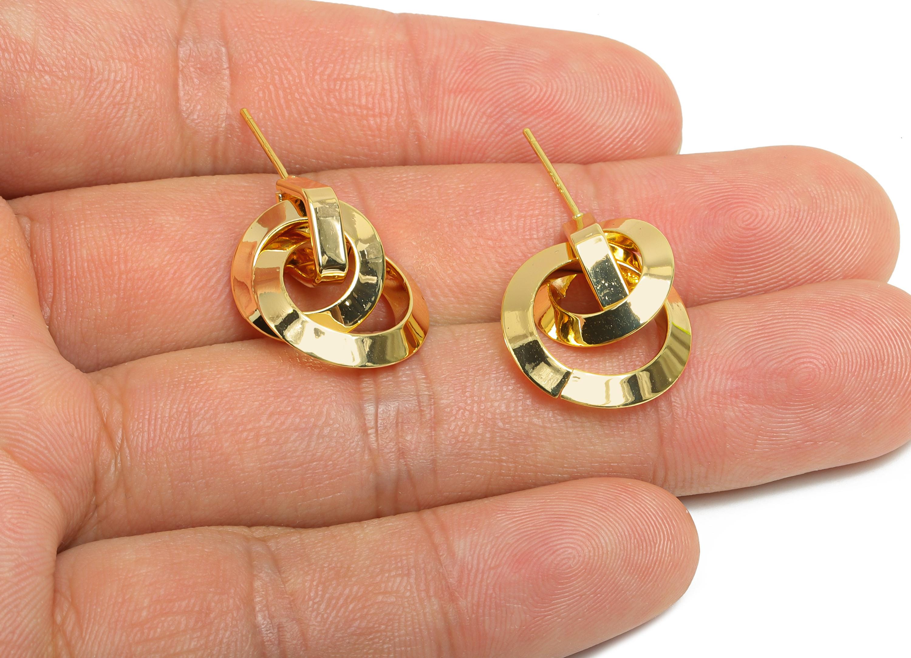 Brass Dangle Chain Earrings Stud - Gold Interlock Hoop Earring Post - Bold Dangle Earrings Post -18K Real Gold-Plated - 20.4x17x3mm -RGP9530 - DOMEDBAZAAR