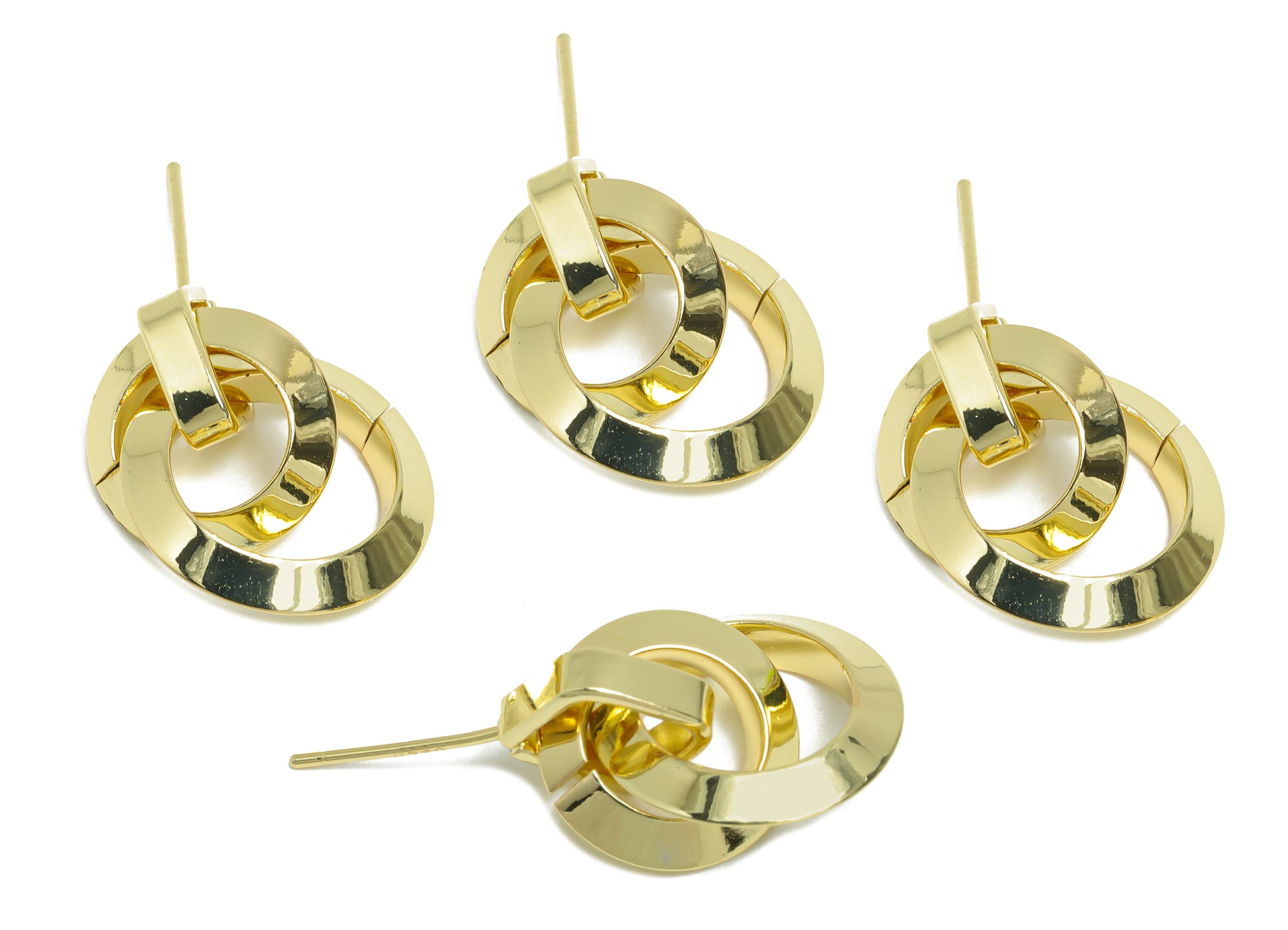 Brass Dangle Chain Earring Stud - Gold Interlock Hoop Earring Post - Bold Dangle Earring Post -14K Real Gold-Plated -20.4x17x3mm -RGP9530-14 - DOMEDBAZAAR