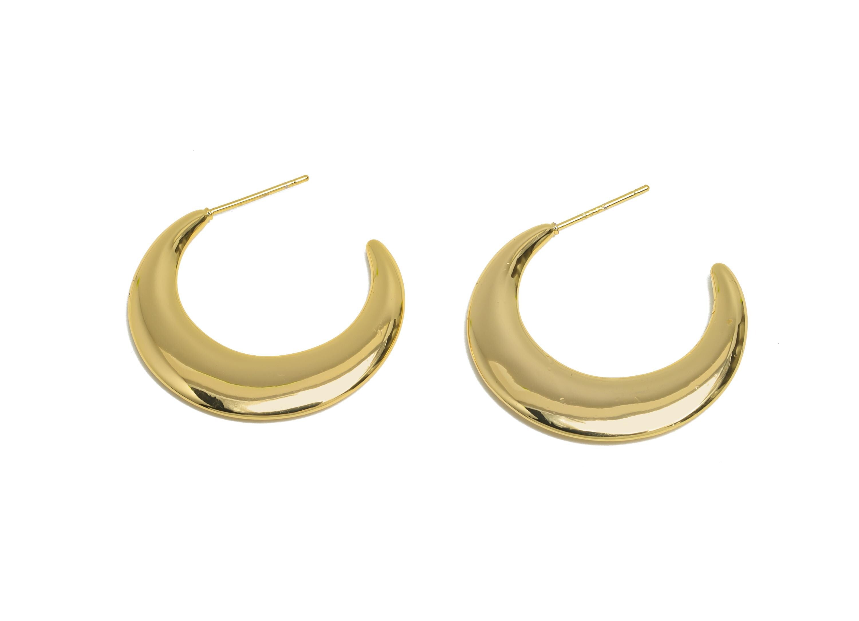 Brass Crescent Earrings Stud - Gold Half-Moon Earrings - Minimalist Open C Hoop Earrings Post- 18K Real Gold-Plated -29.6x4x2.28mm -RGP9501 - DOMEDBAZAAR