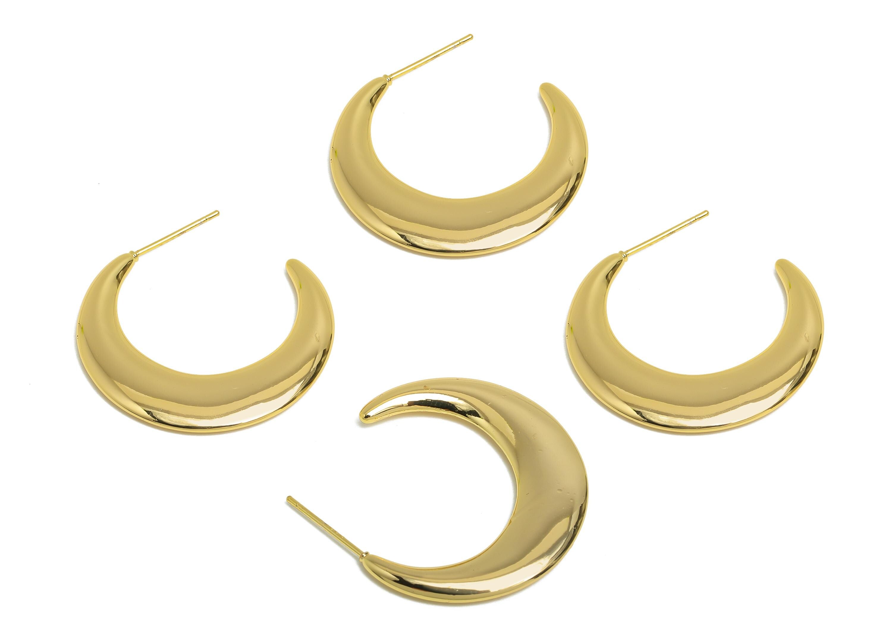 Brass Crescent Earrings Stud - Gold Half-Moon Earrings - Minimalist Open C Hoop Earrings Post- 18K Real Gold-Plated -29.6x4x2.28mm -RGP9501 - DOMEDBAZAAR