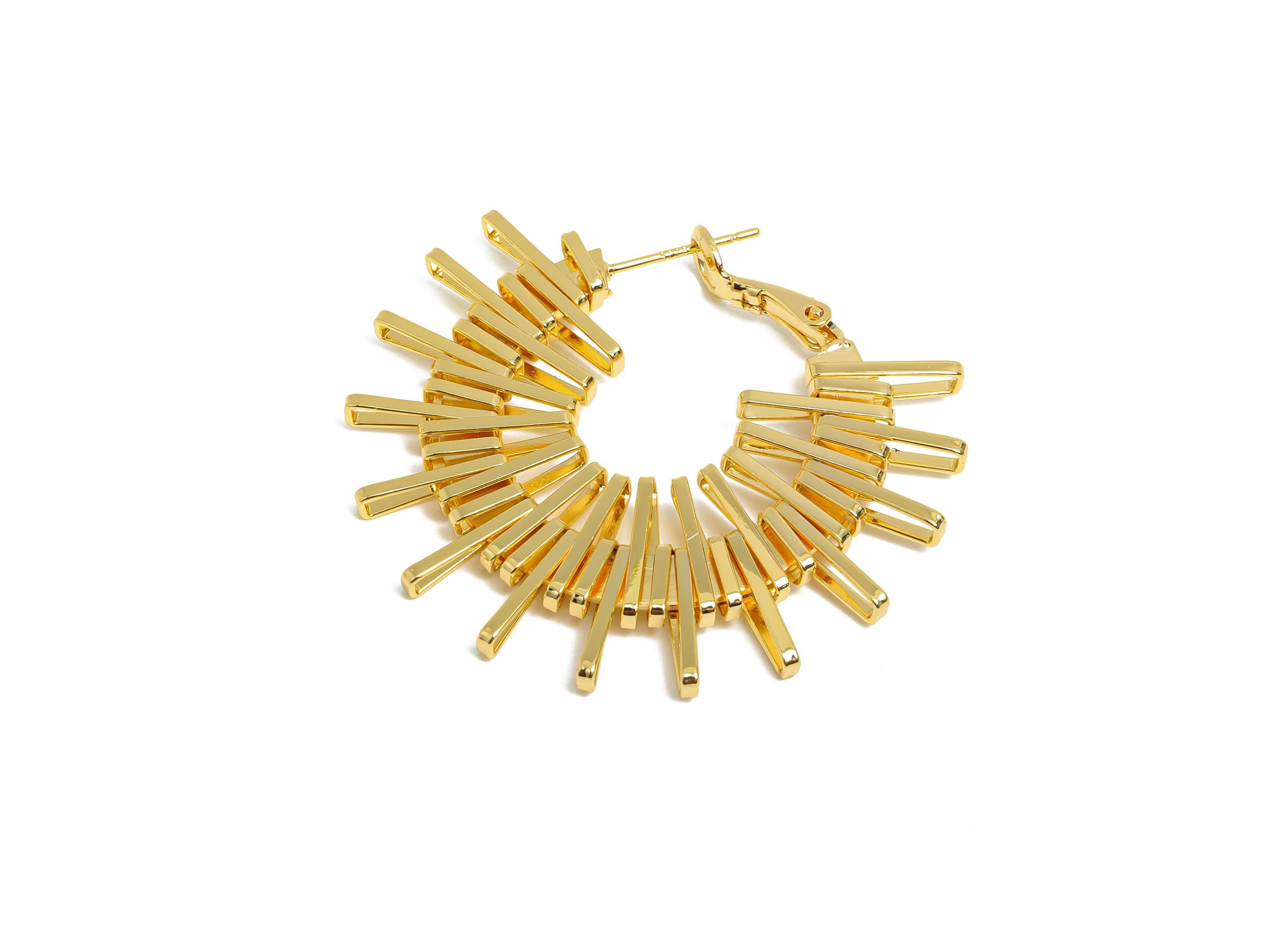 Brass Dazzling Sunray Earrings - Gold Unique Fan Earring - Geometric Clasp Back Earrings - 18K Real Gold-Plated Brass - 42x38x3mm - RGP9503 - DOMEDBAZAAR