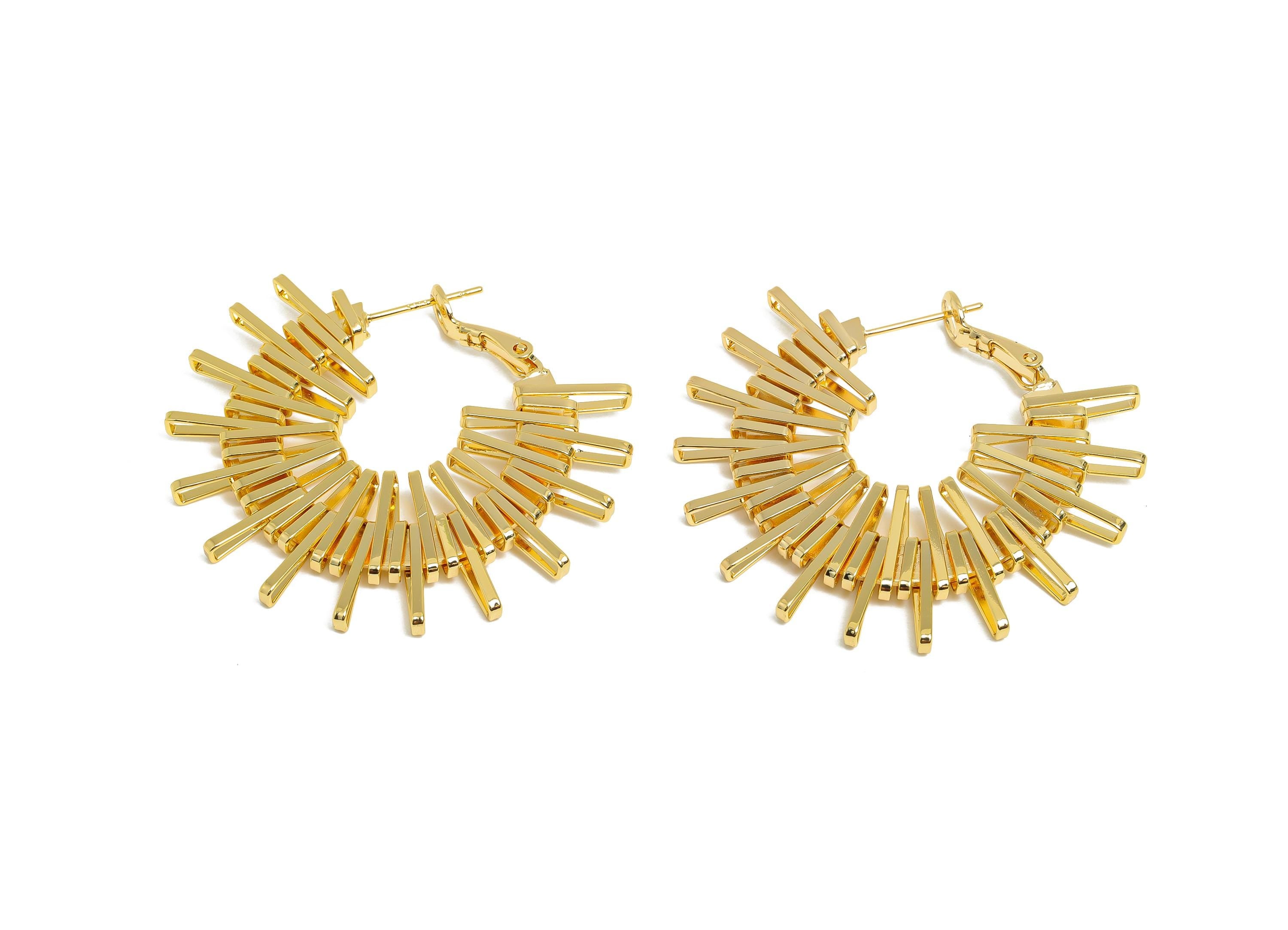 Brass Dazzling Sunray Earrings - Gold Unique Fan Earring - Geometric Clasp Back Earrings - 18K Real Gold-Plated Brass - 42x38x3mm - RGP9503 - DOMEDBAZAAR
