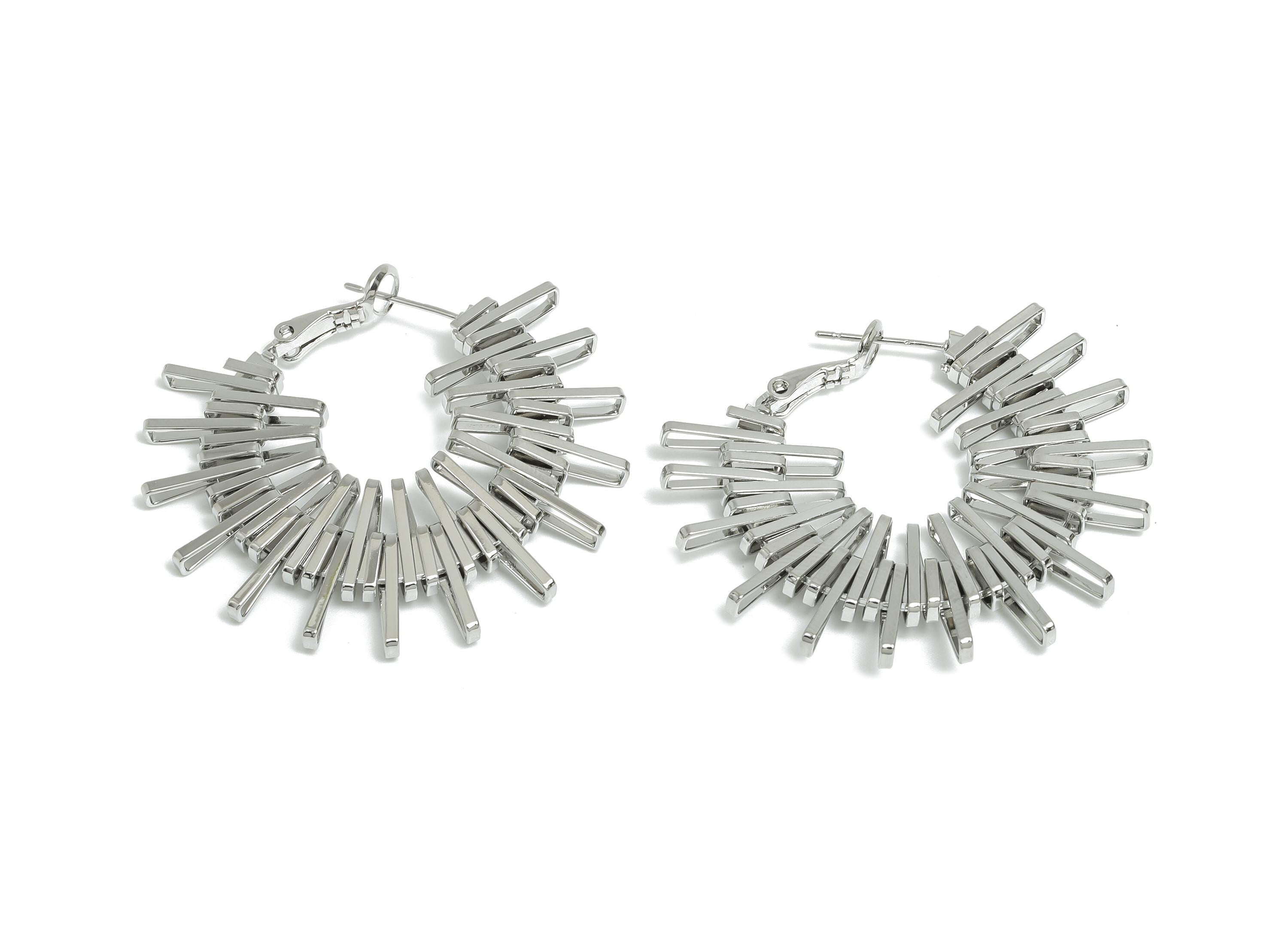 Brass Dazzling Sunray Earrings - White Unique Fan Earring - Geometric Clasp Back Earring - 18K Real White Gold-Plated - 42x38x3mm - RGP9503S - DOMEDBAZAAR