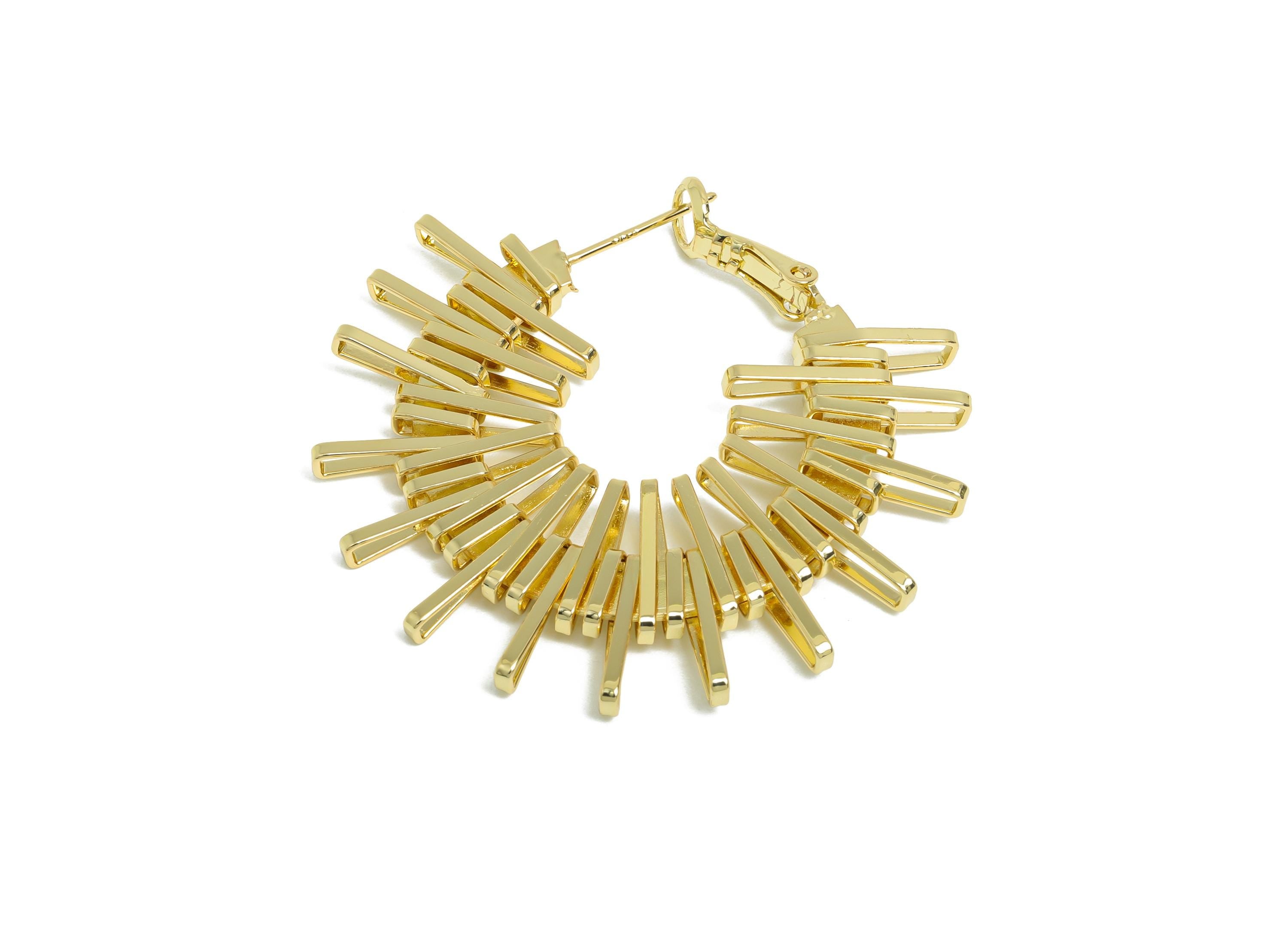 Brass Dazzling Sunray Earring - Gold Unique Fan Earring - Geometric Clasp Back Earring - 14K Real Gold-Plated Brass - 42x38x3mm - RGP9503-14 - DOMEDBAZAAR