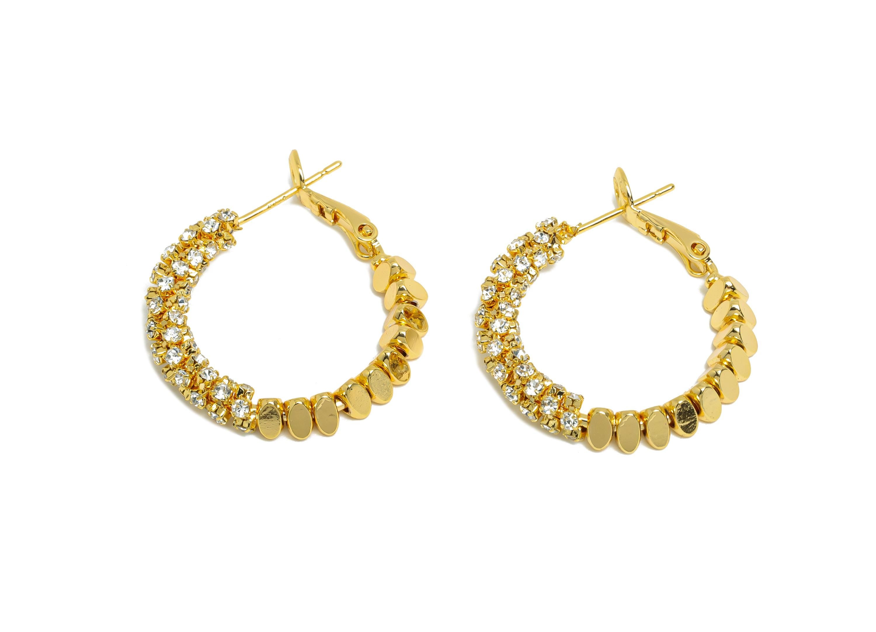 Brass Beaded Hoop Earring - Gold Stacked Triangle Zircon Earring - Geometric Clasp Back Earring - 18K Real Gold-Plated - 28x26x4mm - RGP9512 - DOMEDBAZAAR