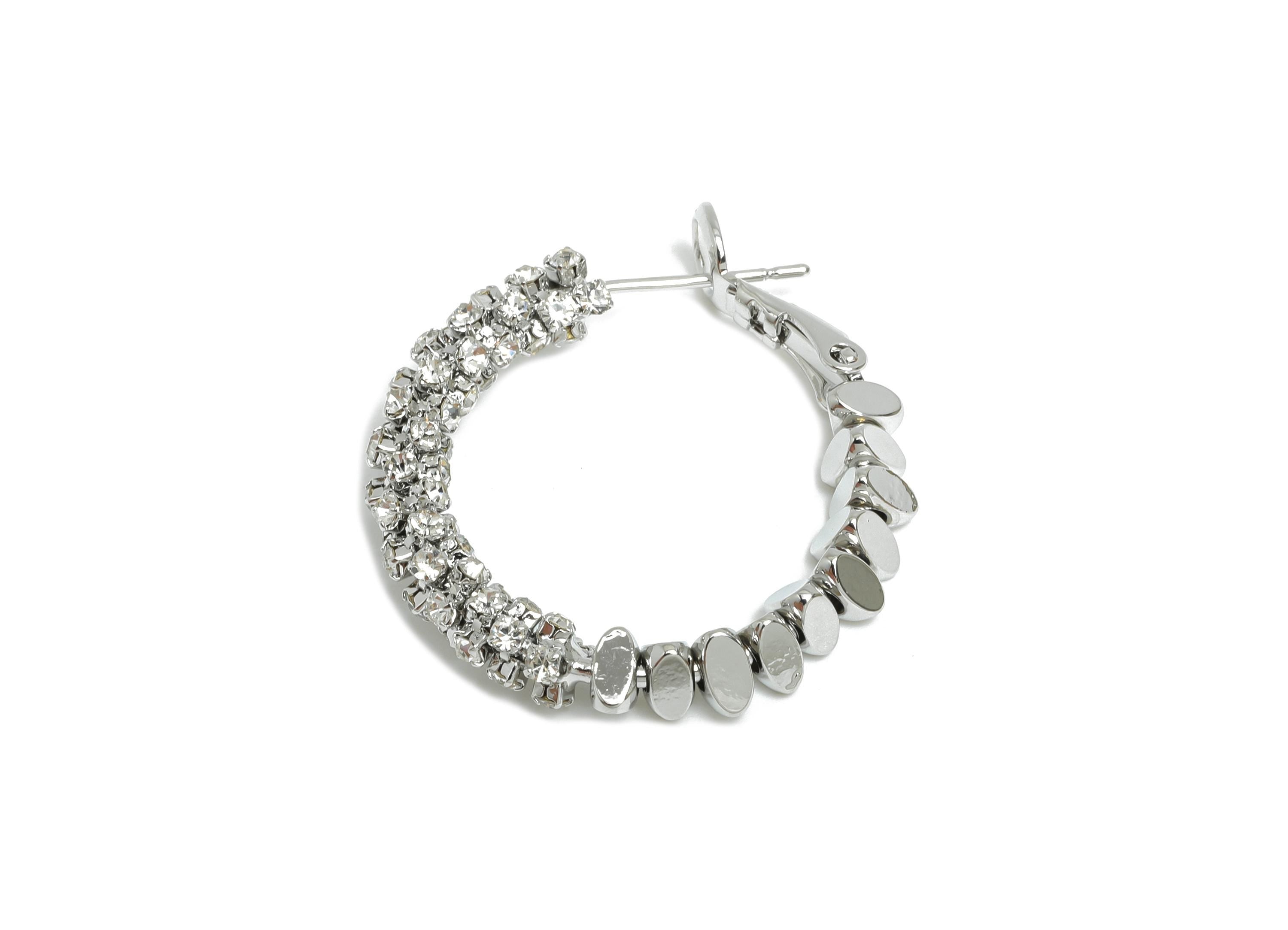 Brass Beaded Hoop Earring - White Stacked Triangle Zircon Earring - Geometric Clasp Back Earring -18K White Gold-Plated -28x26x4mm -RGP9512S - DOMEDBAZAAR