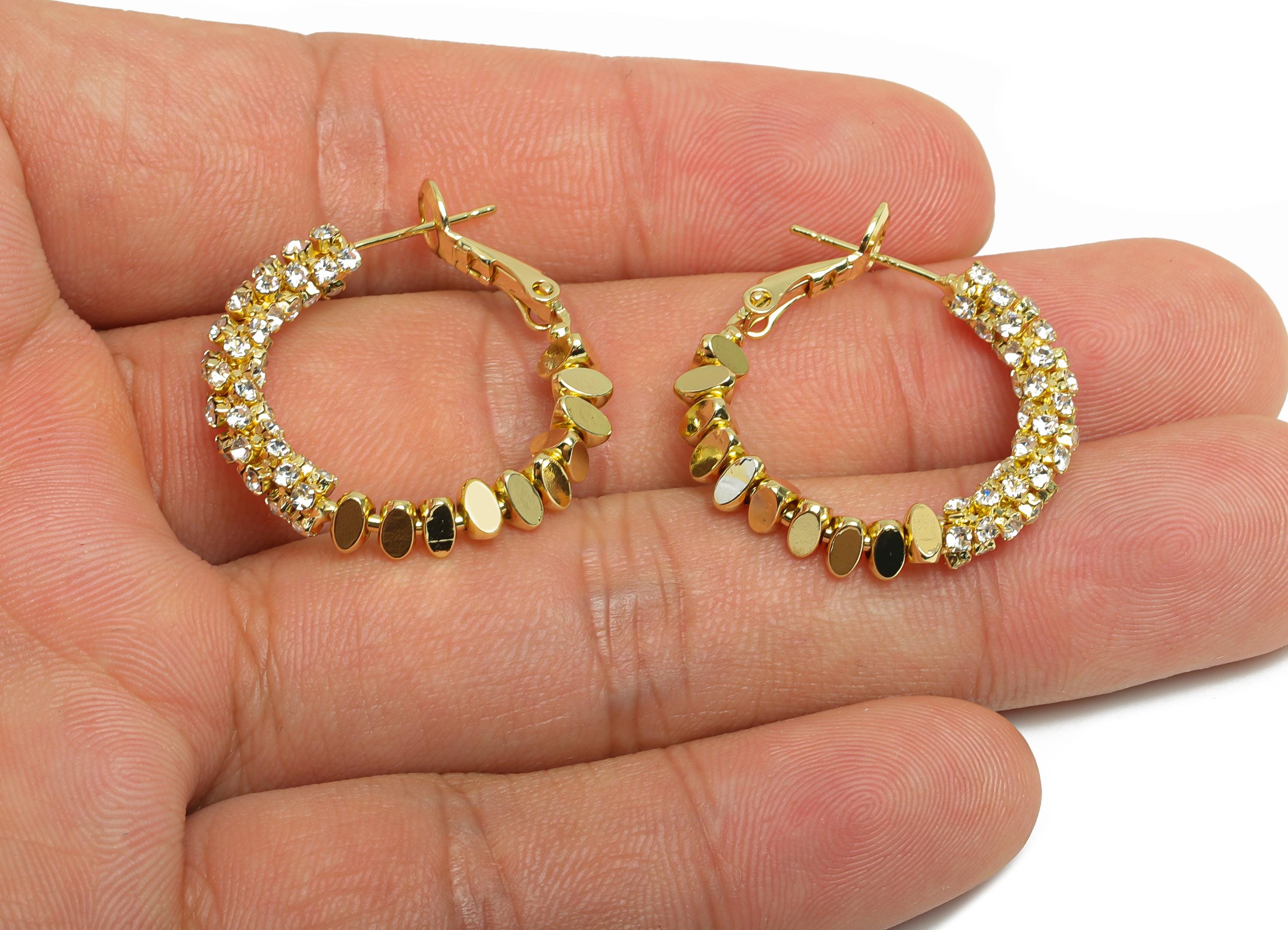 Brass Beaded Hoop Earring - Gold Stacked Triangle Zircon Earring - Geometric Clasp Back Earring -14K Real Gold-Plated -28x26x4mm -RGP9512-14 - DOMEDBAZAAR