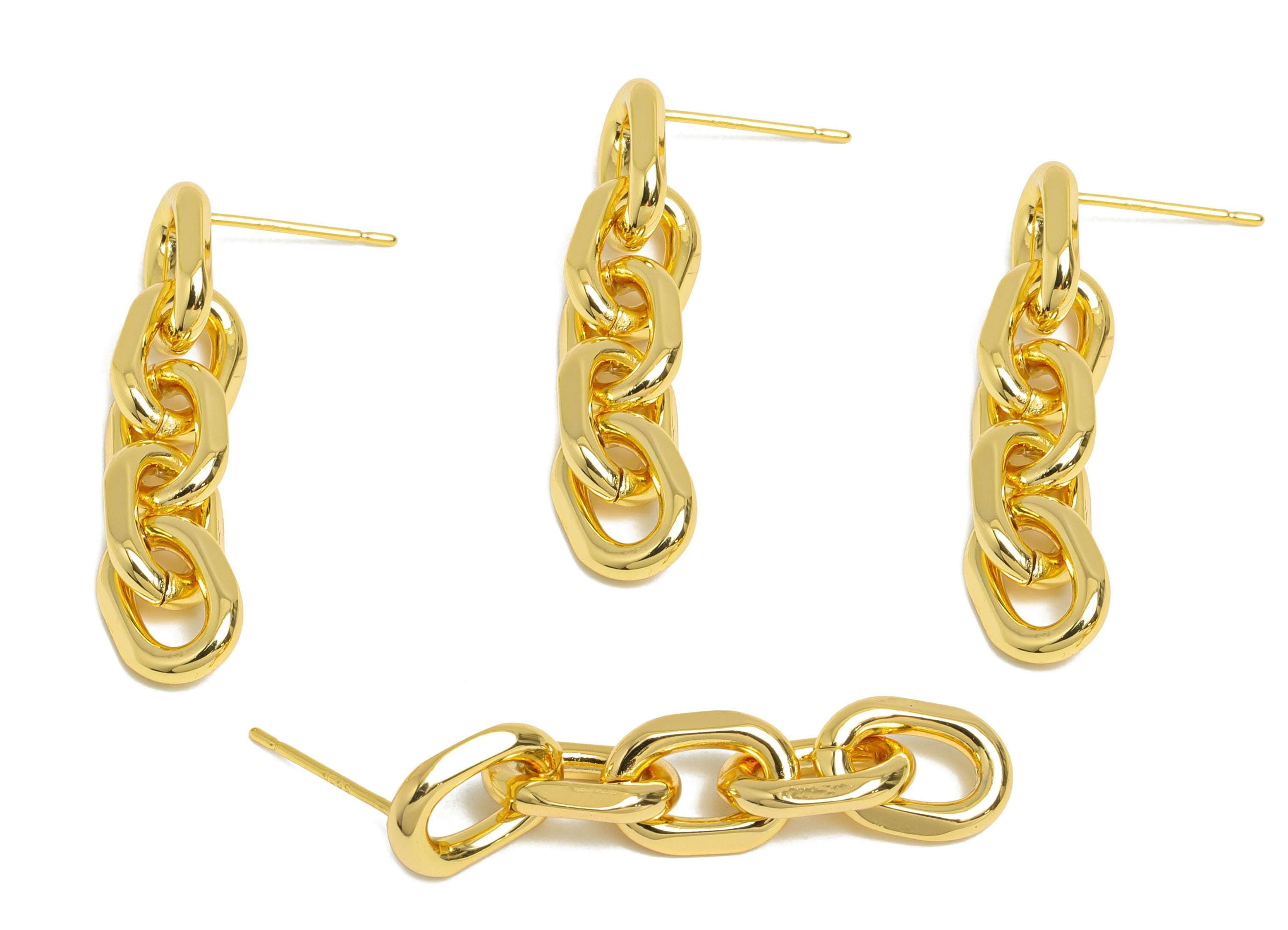 Brass Dangle Chain Earrings Stud - Gold Chic Linked Earring Post - Hanging Oval Earrings Post - 18K Real Gold Plated - 34x7.41x2mm - RGP9529 - DOMEDBAZAAR