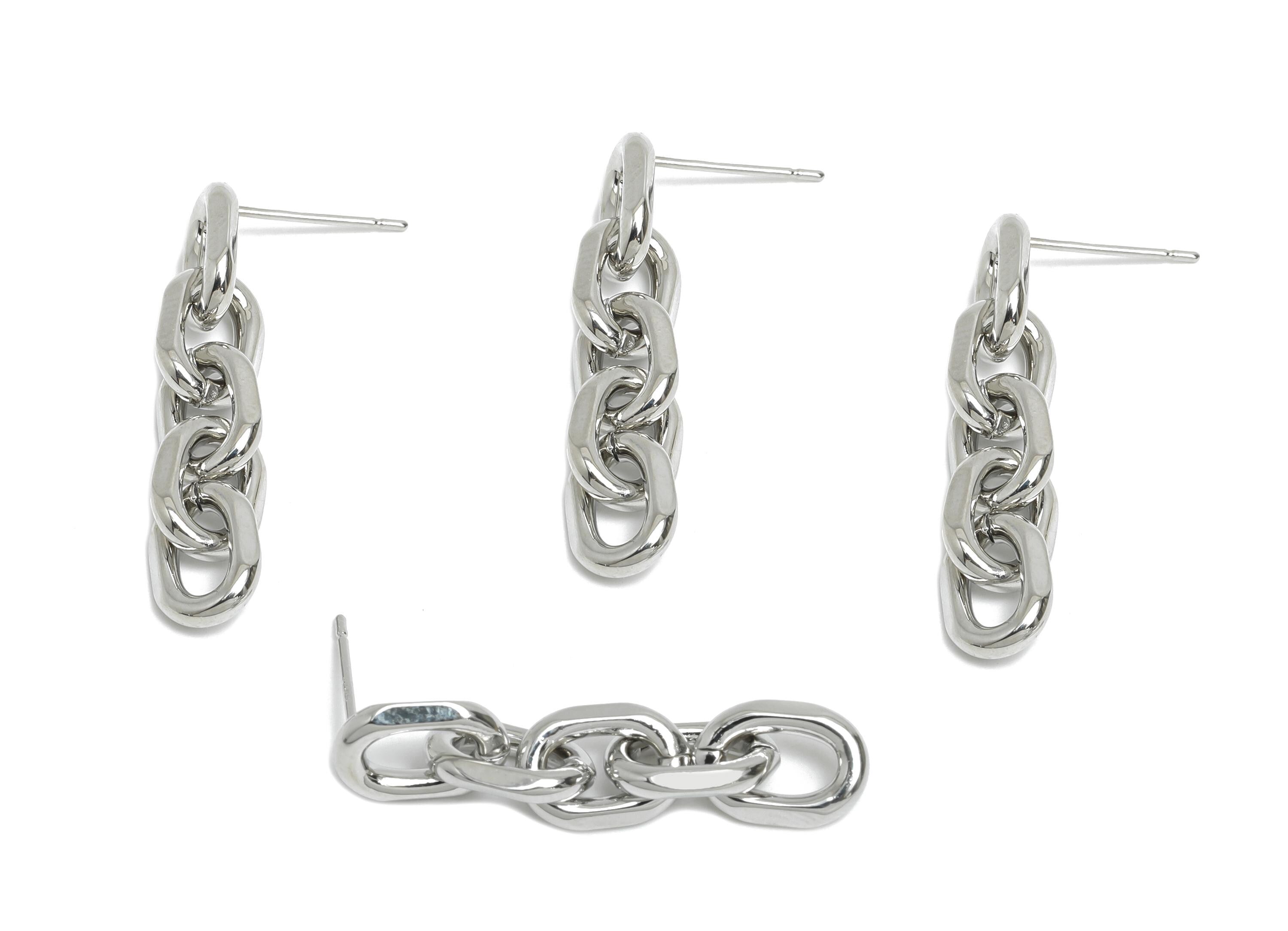 Brass Dangle Chain Earring Stud - White Chic Linked Earring Post - Hanging Oval Earring Post-18K Real White Gold Plated-34x7.41x2mm-RGP9529S - DOMEDBAZAAR