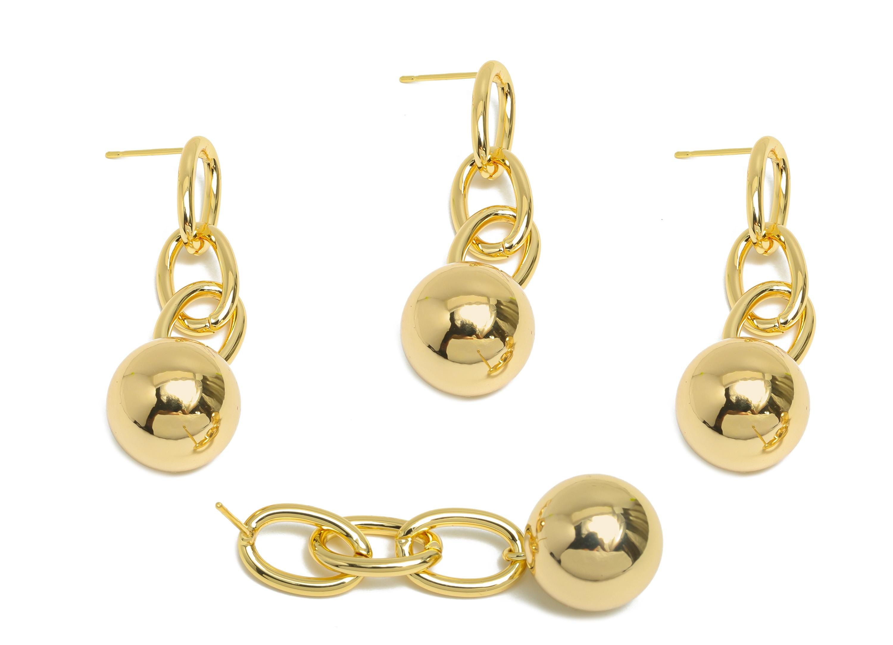 Brass Dangle Chain Earring - Gold Chain Earring Post for Woman&#39;s - Bead Ball Chain Earring - 18K Real Gold Plated - 46x13.8x13.8mm - RGP9449 - DOMEDBAZAAR