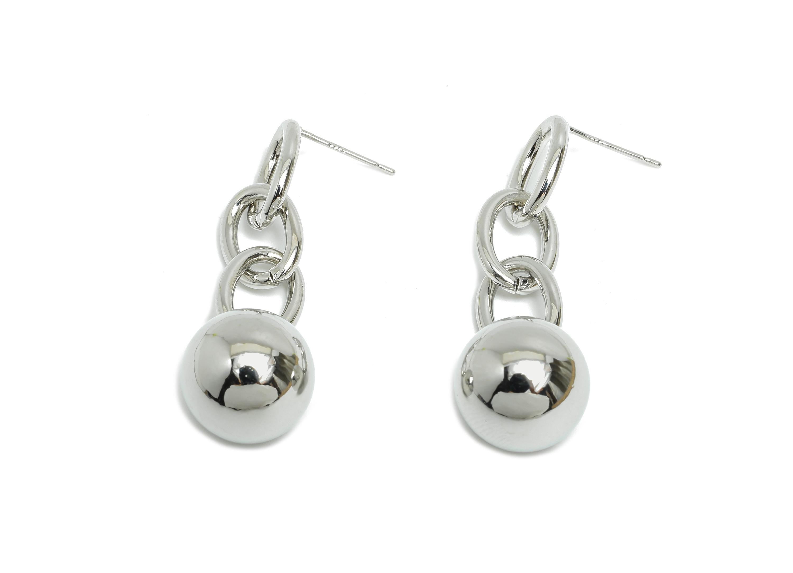 Brass Dangle Chain Earring - White Chain Earring Post for Woman&#39;s - Bead Ball Chain Earring -18K White Gold Plated -46x13.8x13.8mm -RGP9449S - DOMEDBAZAAR