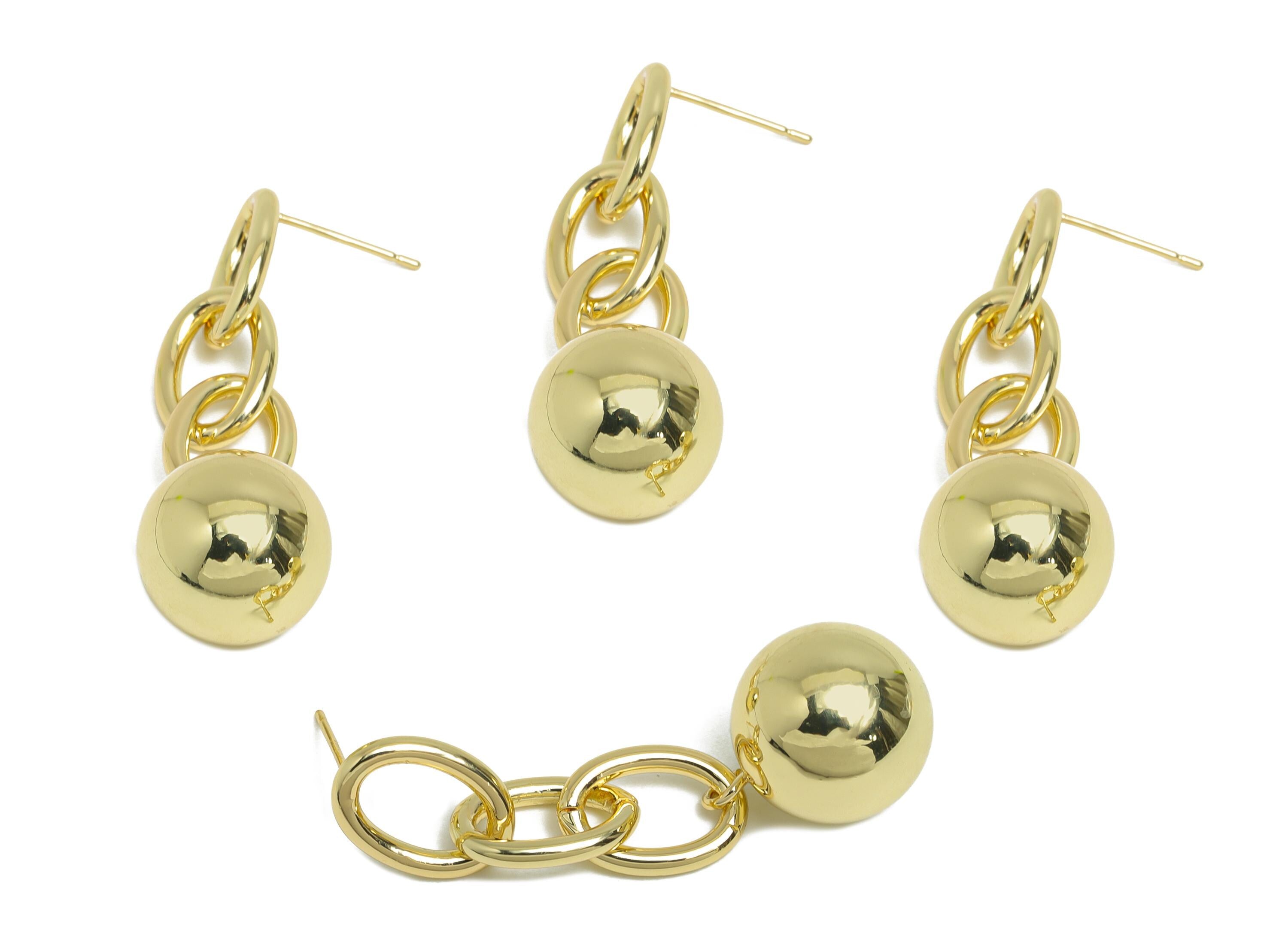 Brass Dangle Chain Earring - Gold Chain Earring Post for Woman&#39;s - Bead Ball Chain Earring -14K Real Gold Plated -46x13.8x13.8mm -RGP9449-14 - DOMEDBAZAAR